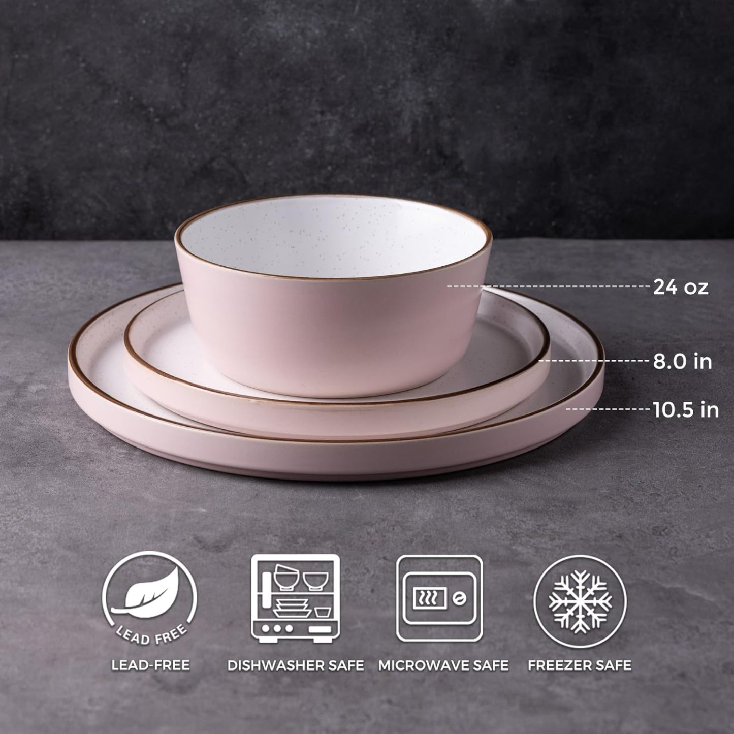 Dinnerware Set for 4, 12 Pieces Ceramic Plates and Bowls Set, Handcrafted Speckled Stoneware Plates Set, Dishwasher & Microwave Safe Dishes Set - (Pink, Service for 4)