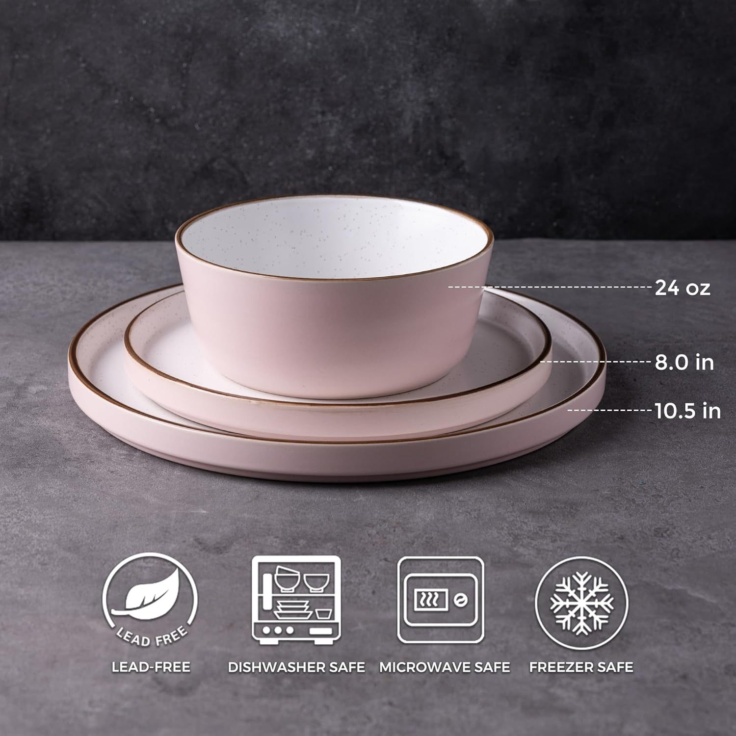 Dinnerware Set for 4, 12 Pieces Ceramic Plates and Bowls Set, Handcrafted Speckled Stoneware Plates Set, Dishwasher & Microwave Safe Dishes Set - (Pink, Service for 4)