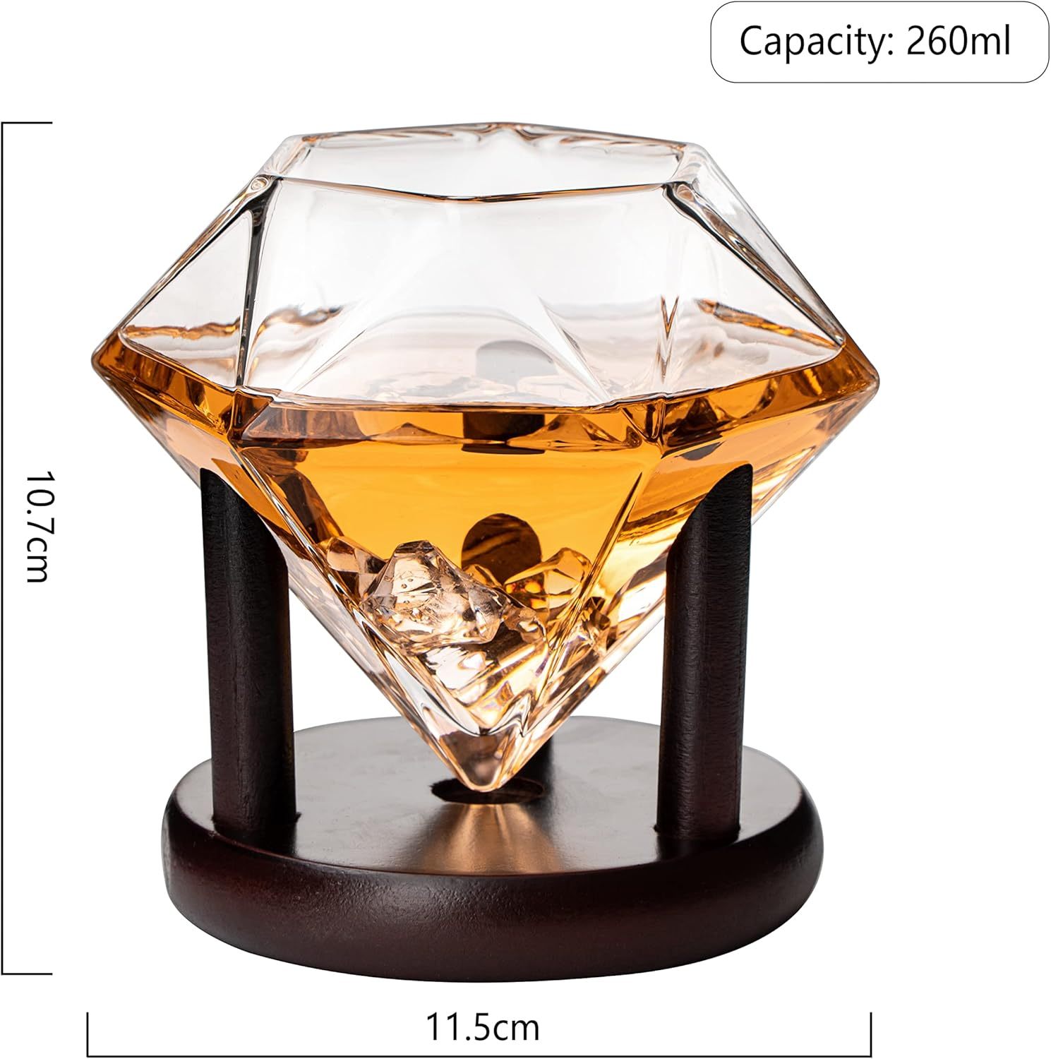 Set of 4 Diamond Whiskey & Wine Glasses With Wood Stands 10oz - Wine, Whiskey, Water, Diamond Shaped