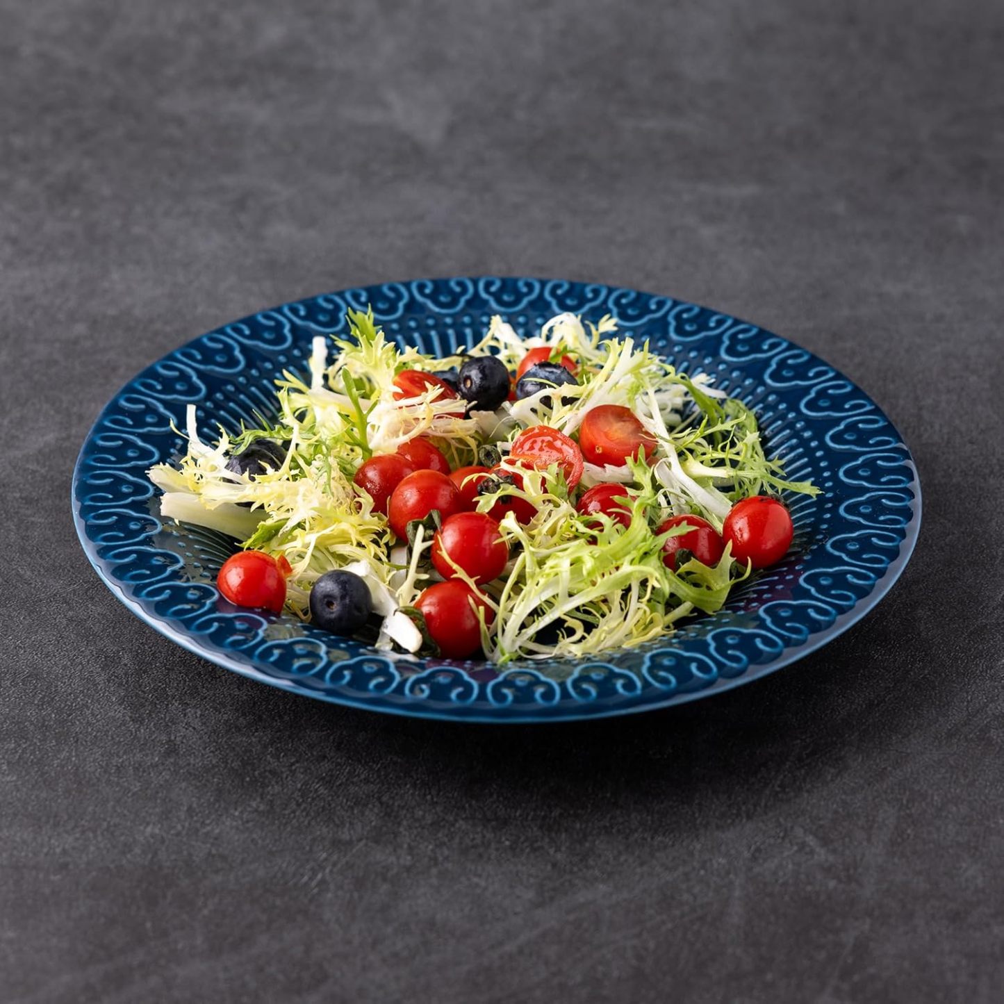 Ceramic Dinnerware Sets for 4, 12 Pieces Blue Plates and Bowls Set with Embossed Royal Pattern, Scratch Resistant Stoneware Dish Sets for Dinner, Dishwasher & Microwave Safe