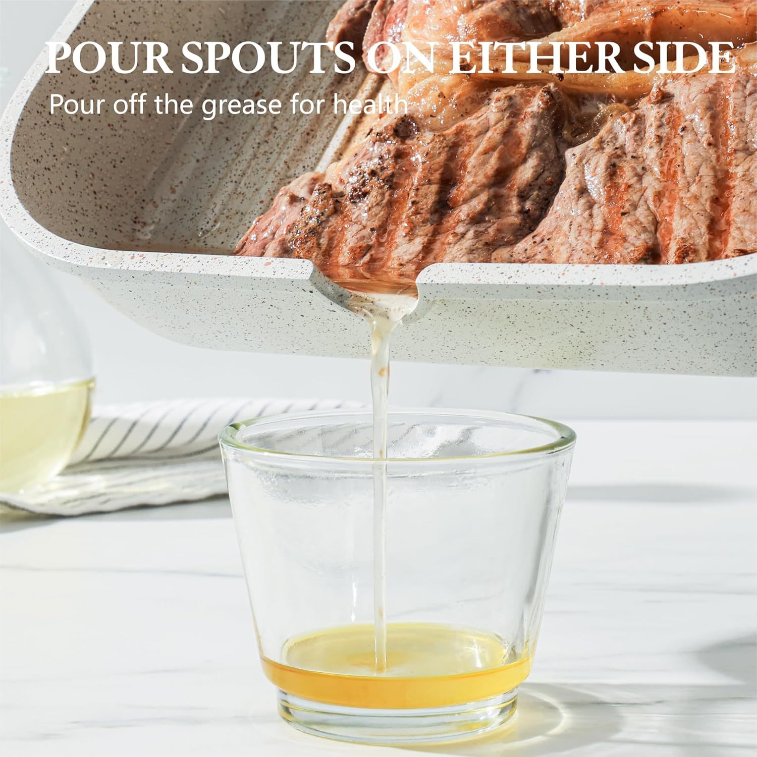 12Inch Nonstick Ceramic Grill Pan for Stove Tops, Square Grilling Pan with Pour Spouts, Non Toxic Durable Grill Skillet for All Stoves(Gas,Electric,Induction) PTFE,PFAS,PFOA Free, (White)