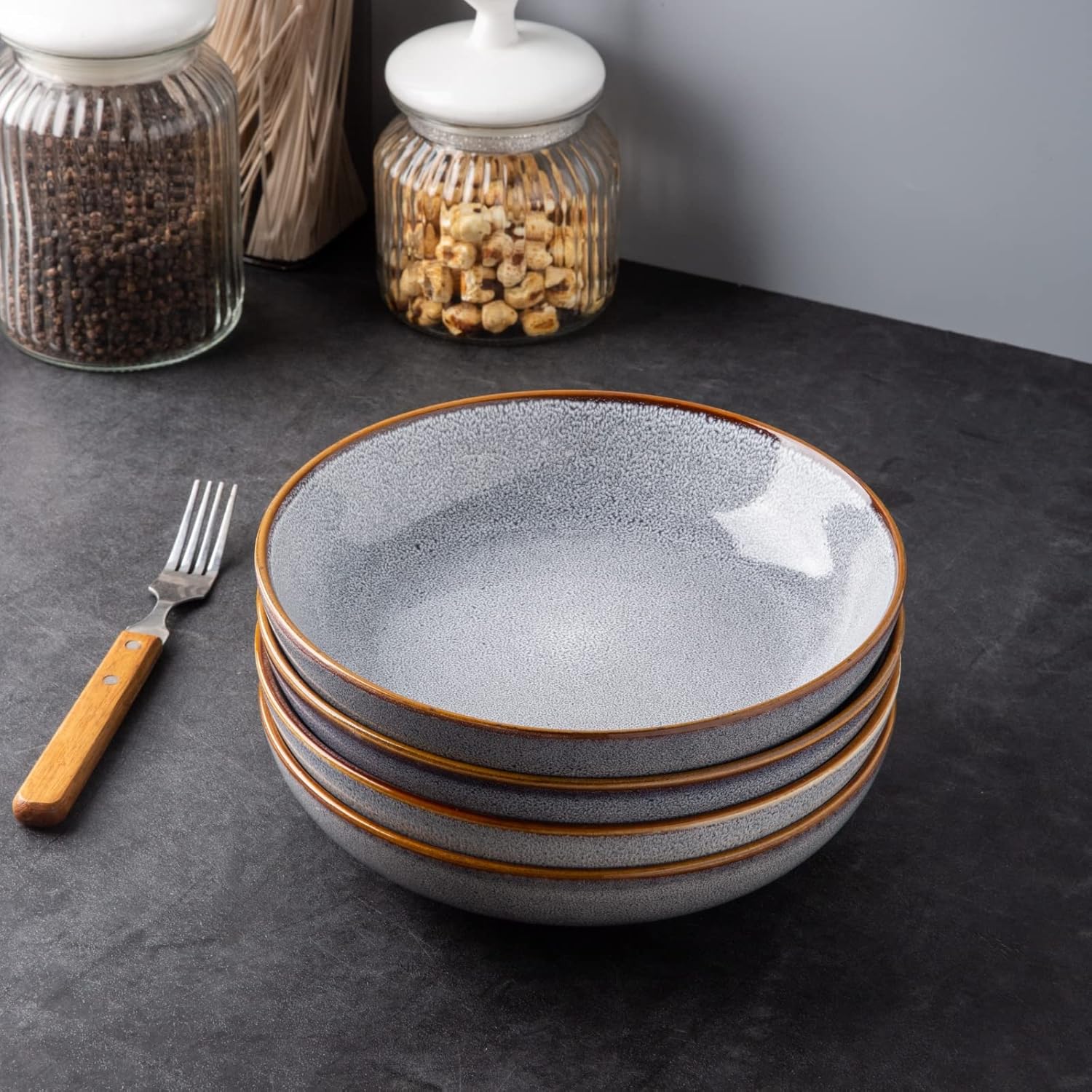 8.5'' Large Ceramic Pasta Bowls Set, 36oz Stoneware Bowls Set of 4 for Kitchen, Reavtive Glaze Bowls-Microwave, Dishwasher Safe for Pasta,Salad,Oatmeal -Blue