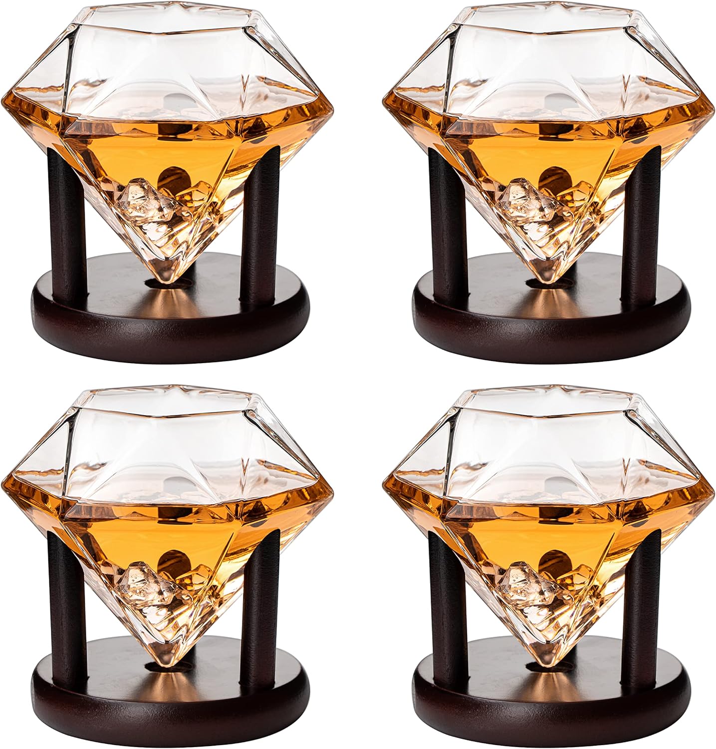 Set of 4 Diamond Whiskey & Wine Glasses With Wood Stands 10oz - Wine, Whiskey, Water, Diamond Shaped