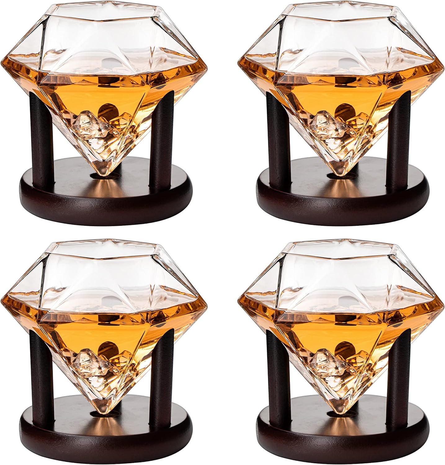 Set of 4 Diamond Whiskey & Wine Glasses With Wood Stands 10oz - Wine, Whiskey, Water, Diamond Shaped