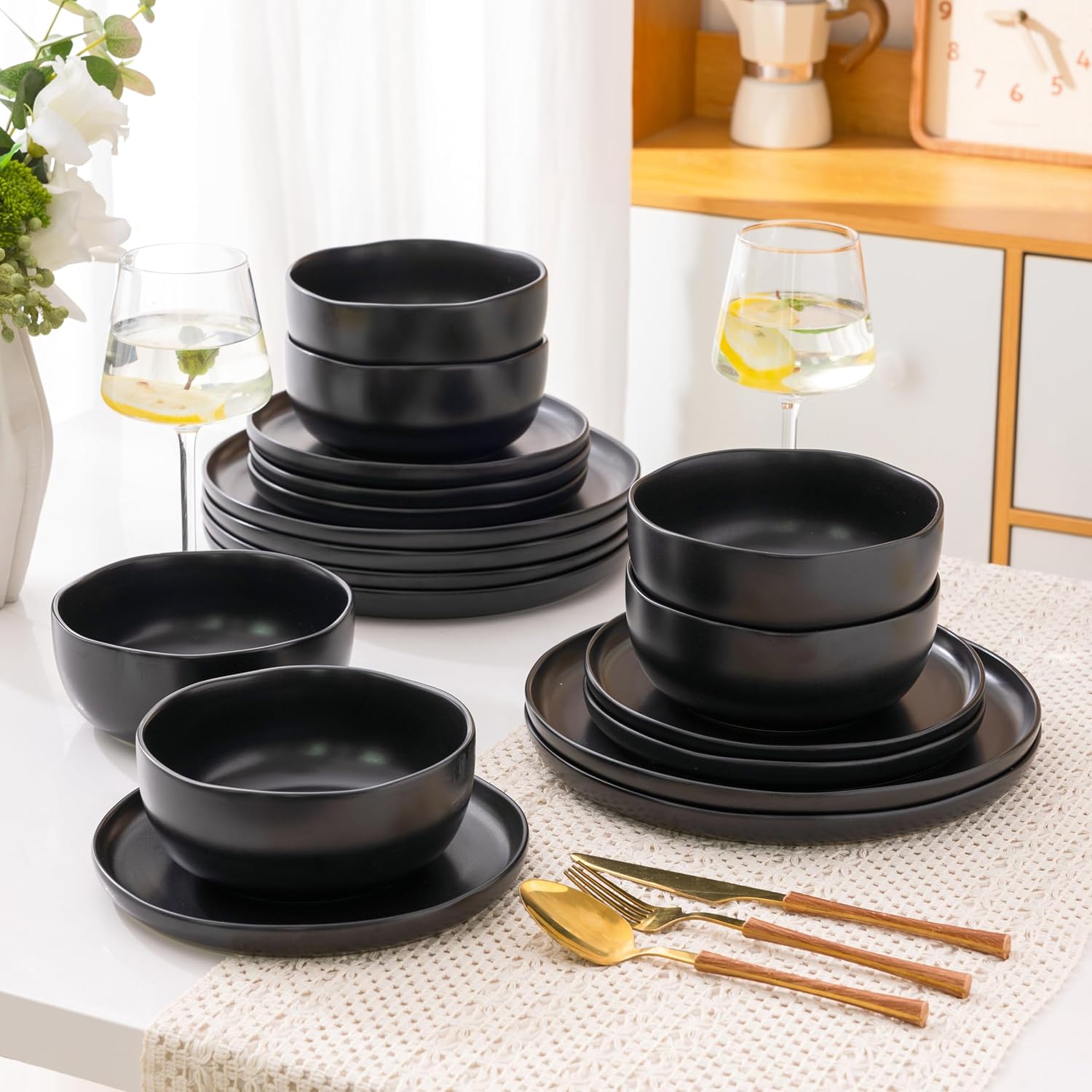 Ceramic Dinnerware Sets, Wavy Rim Stoneware Plates and Bowls Sets, Highly Chip and Crack Resistant | Dishwasher & Microwave & Oven Safe Dishes set, Service for 6 (18pc)