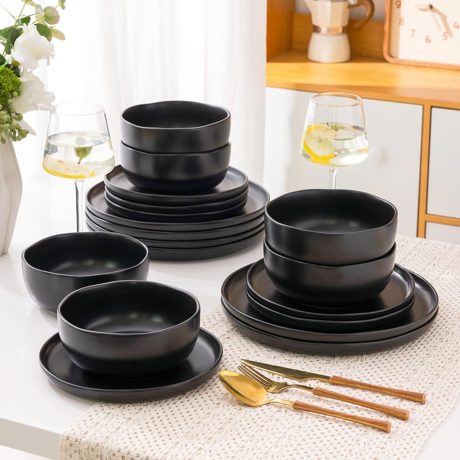 Ceramic Dinnerware Sets, Wavy Rim Stoneware Plates and Bowls Sets, Highly Chip and Crack Resistant | Dishwasher & Microwave & Oven Safe Dishes set, Service for 6 (18pc)