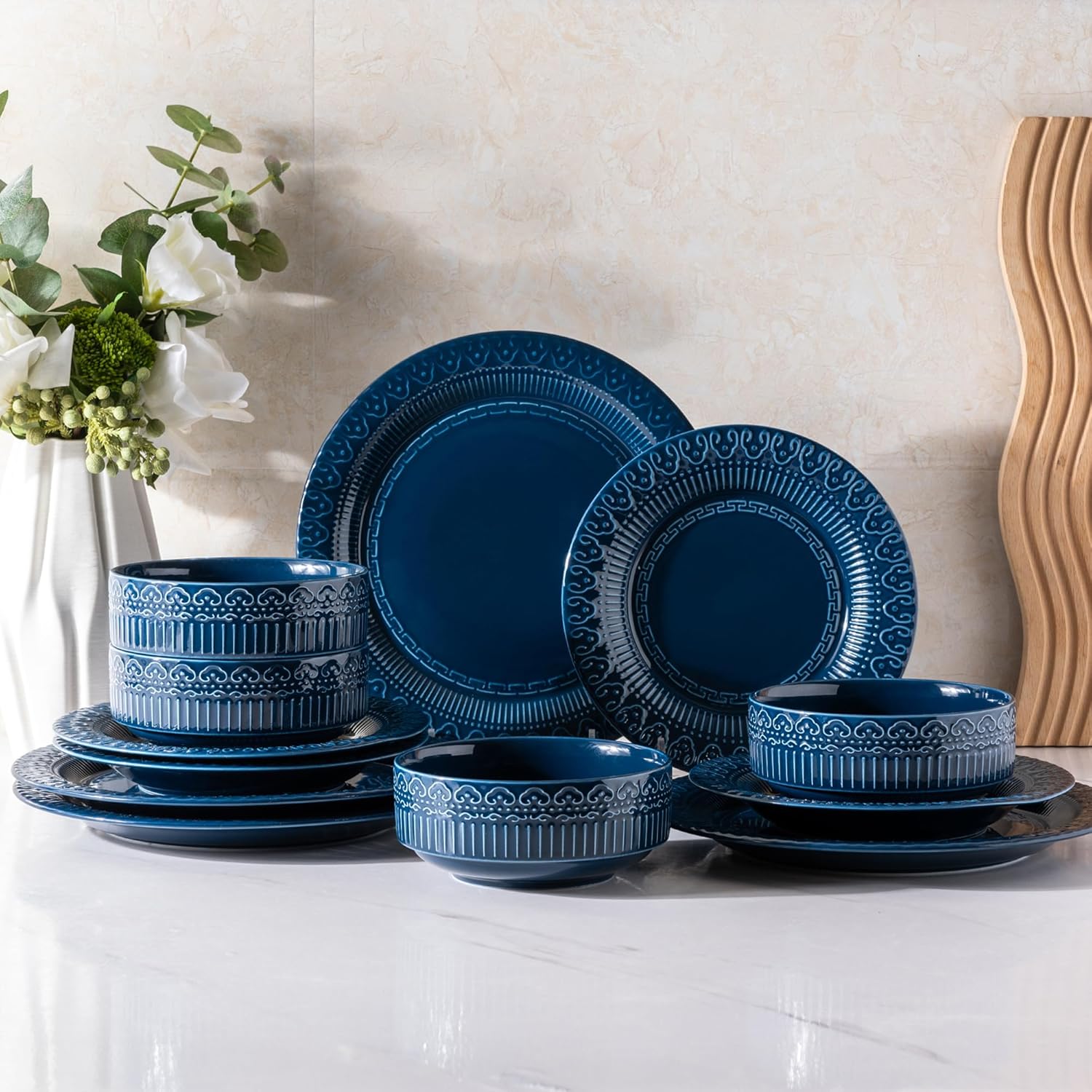 Ceramic Dinnerware Sets for 4, 12 Pieces Blue Plates and Bowls Set with Embossed Royal Pattern, Scratch Resistant Stoneware Dish Sets for Dinner, Dishwasher & Microwave Safe