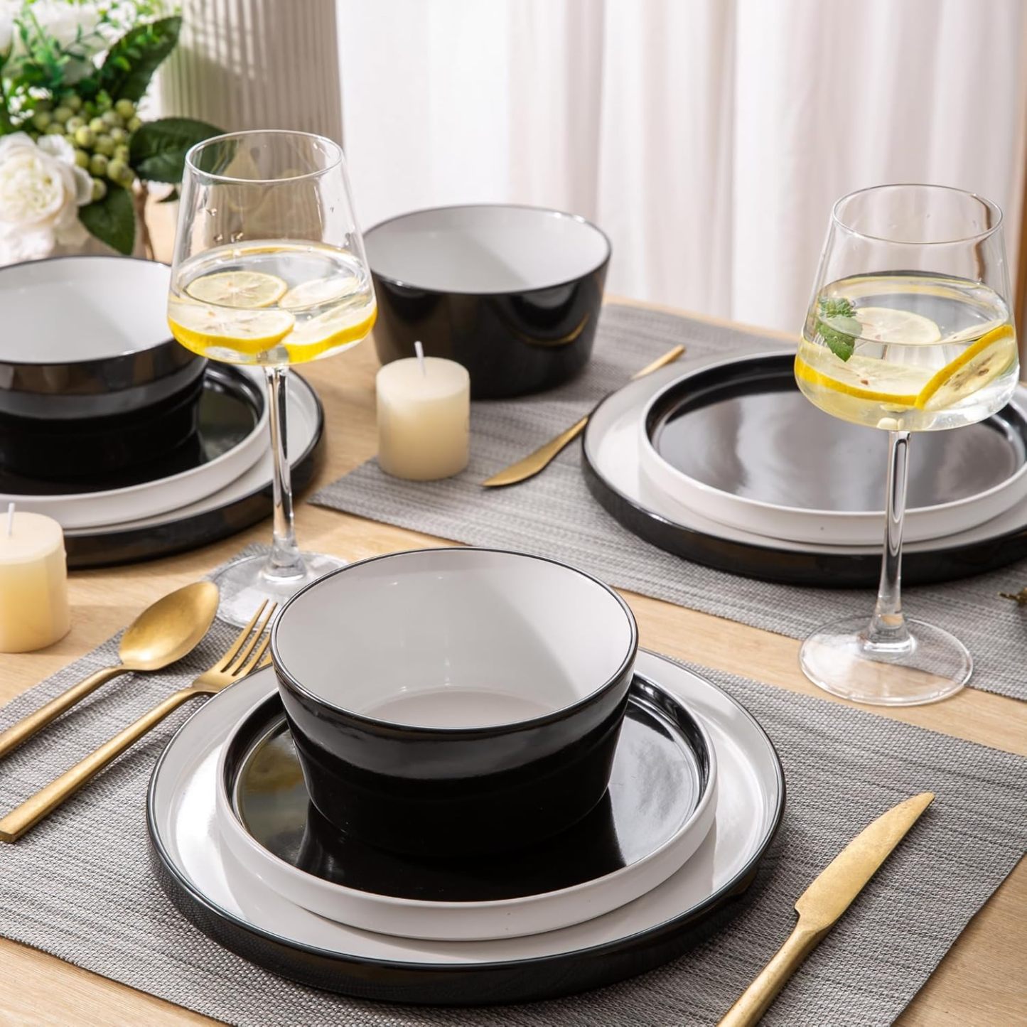 Dinnerware Sets for 6, 18 Piece Stoneware Plates and Bowls Set, Chip and Crack Resistant Plates Set, Dishwasher & Microwave Safe Ceramic Dishes Set - (Black and White, Service for 6)