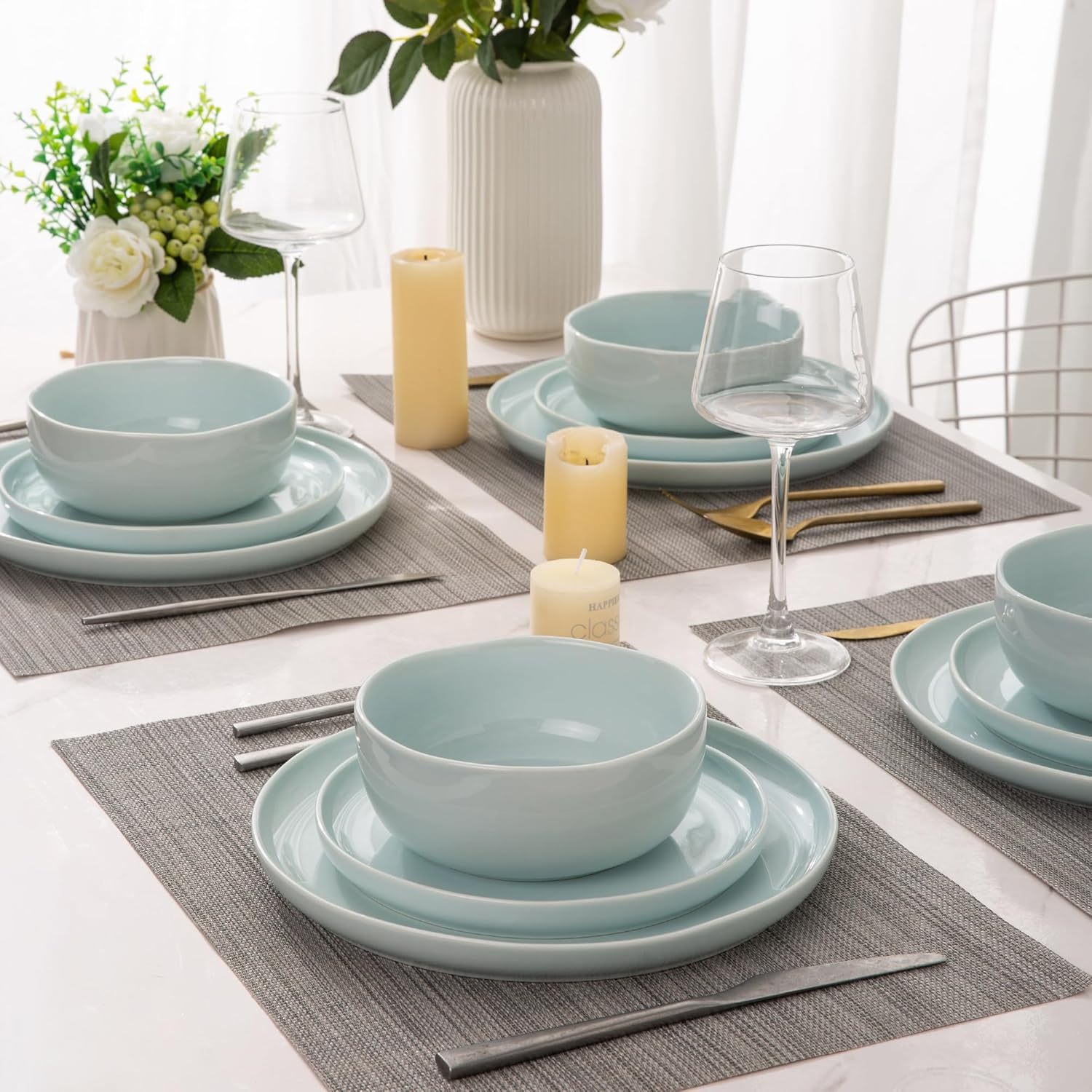 Ceramic Dinnerware Sets, Wavy Rim Stoneware Plates and Bowls Sets, Highly Chip and Crack Resistant | Dishwasher & Microwave Dishes set, Service for 4 (12pc)