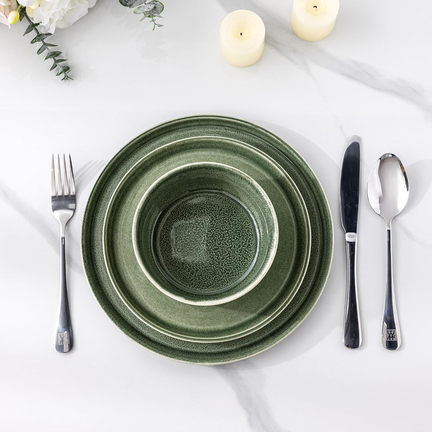 Stoneware Dinnerware Sets,Round Reactive Glaze Ceramic Plates and Bowls Sets,Highly Chip and Crack Resistant | Dishwasher & Microwave Safe,Service for 8 Dishes Set (24pc)