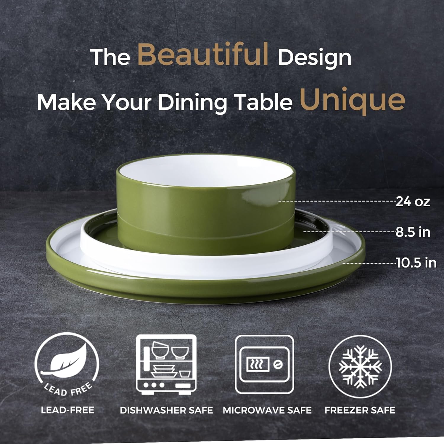 Ceramic Dinnerware Sets for 4, Modern Stoneware Plates and Bowls Sets,Chip and Crack Resistant | Dishwasher & Microwave Safe Ceramic Dishes Set,Service for 4 (12pc)-White&Green