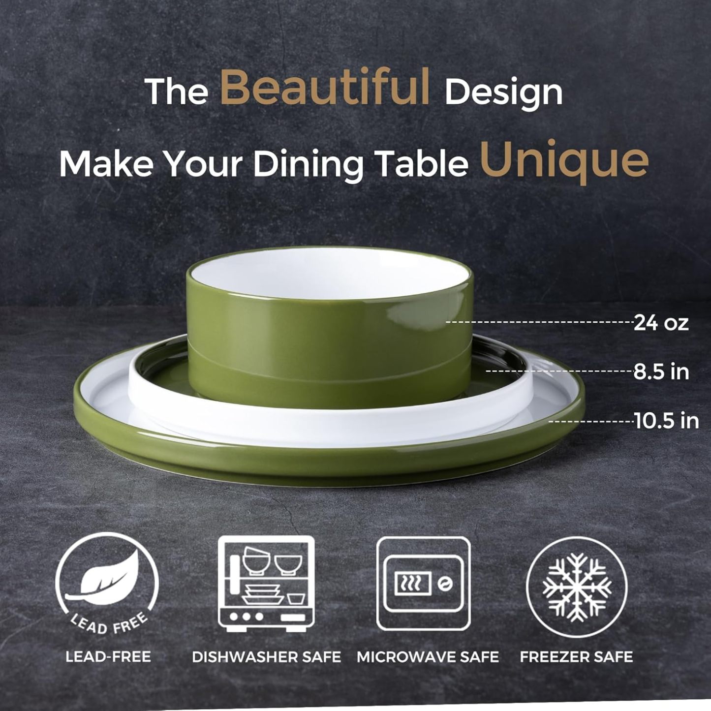 Ceramic Dinnerware Sets for 4, Modern Stoneware Plates and Bowls Sets,Chip and Crack Resistant | Dishwasher & Microwave Safe Ceramic Dishes Set,Service for 4 (12pc)-White&Green