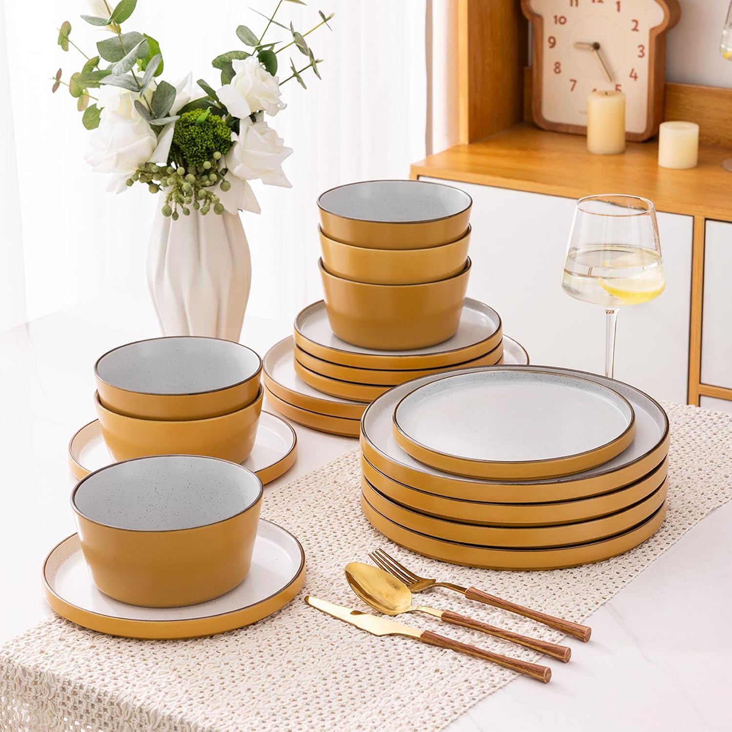 Dinnerware Set for 4, 12 Pieces Ceramic Plates and Bowls Set, Handcrafted Speckled Stoneware Plates Set, Dishwasher & Microwave Safe Dishes Set - (Yellow, Service for 4)