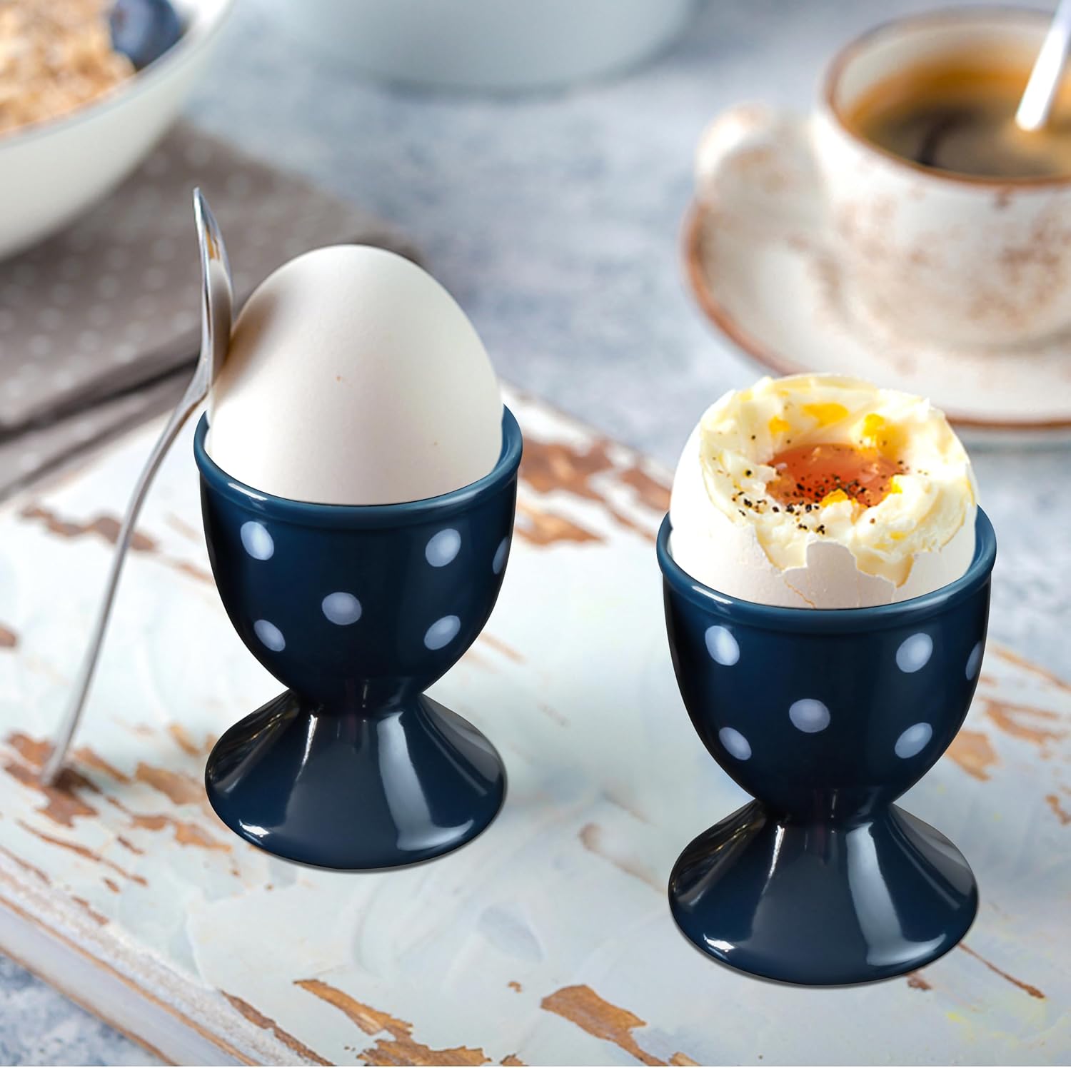 Ceramic Egg Cup Blue Set of 2 Porcelain Holder Breakfast Boiled Cooking Easy to Clean Childhood Memories Kitchen