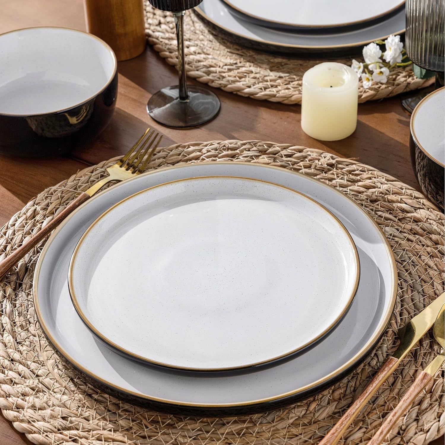 Dinnerware Set, 12 Pieces Ceramic Plates and Bowls Set, Stoneware Plates Set Handpainted, Dishwasher & Microwave Safe Dishes Set (Speckled Black & White, Service for 4)