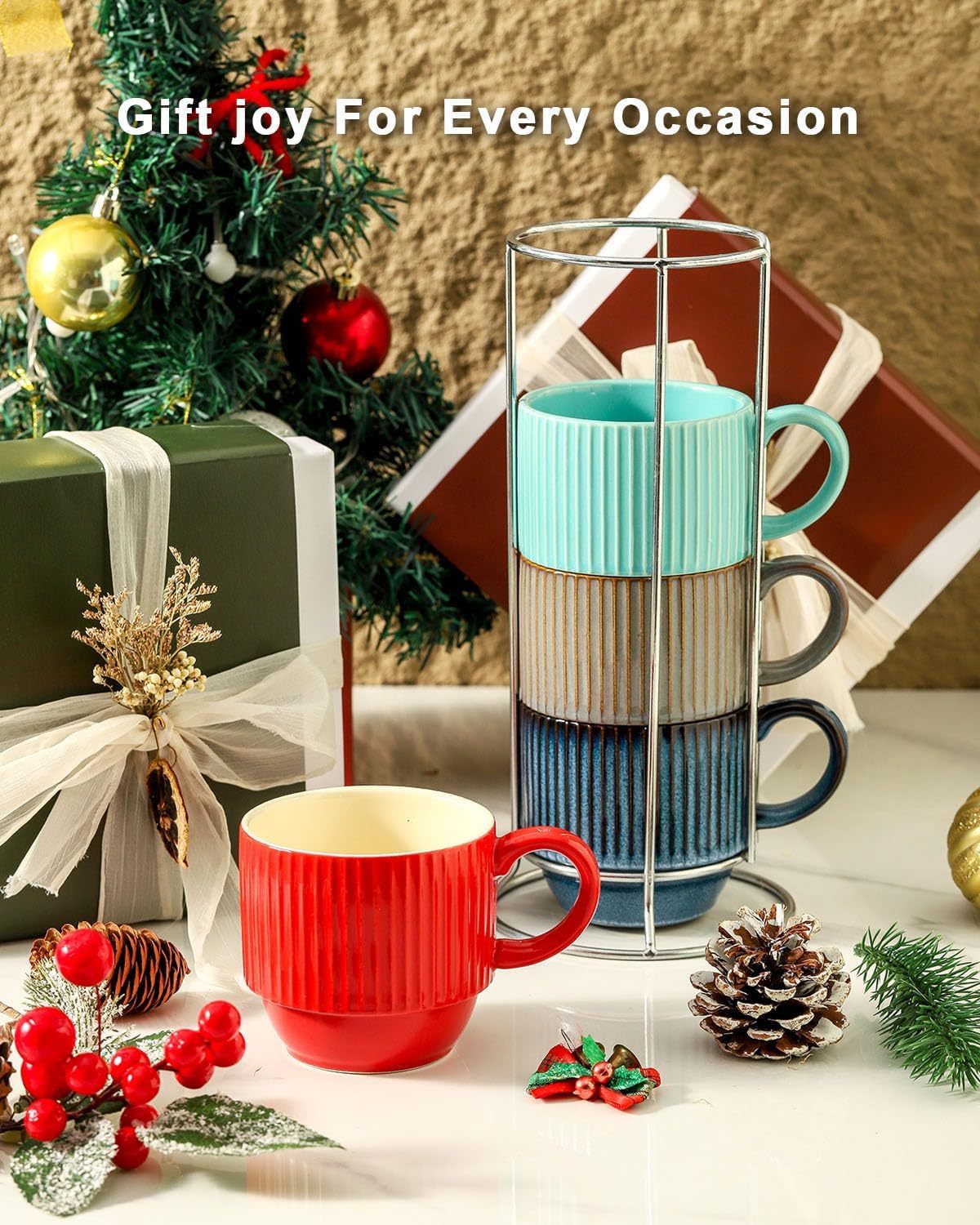 Coffee Mug Set of 4 with Holder - 12 oz Stackable Large Ceramic Ribbed Latte Cup Set for Cappuccino