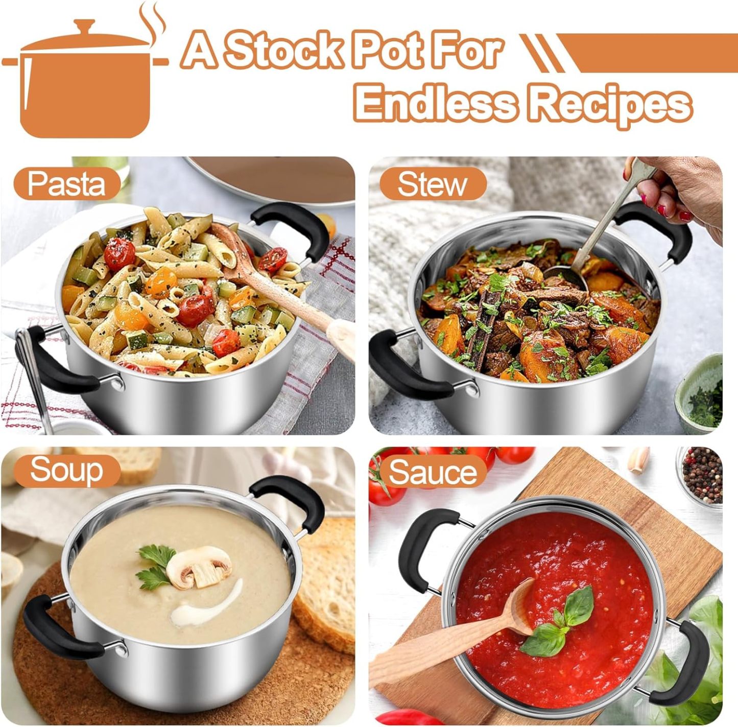 Stainless Steel Stock Soup Pasta Pot with Lid, Double Heatproof Handles, Non Toxic & Healthy, Easy Clean & Dishwasher Safe