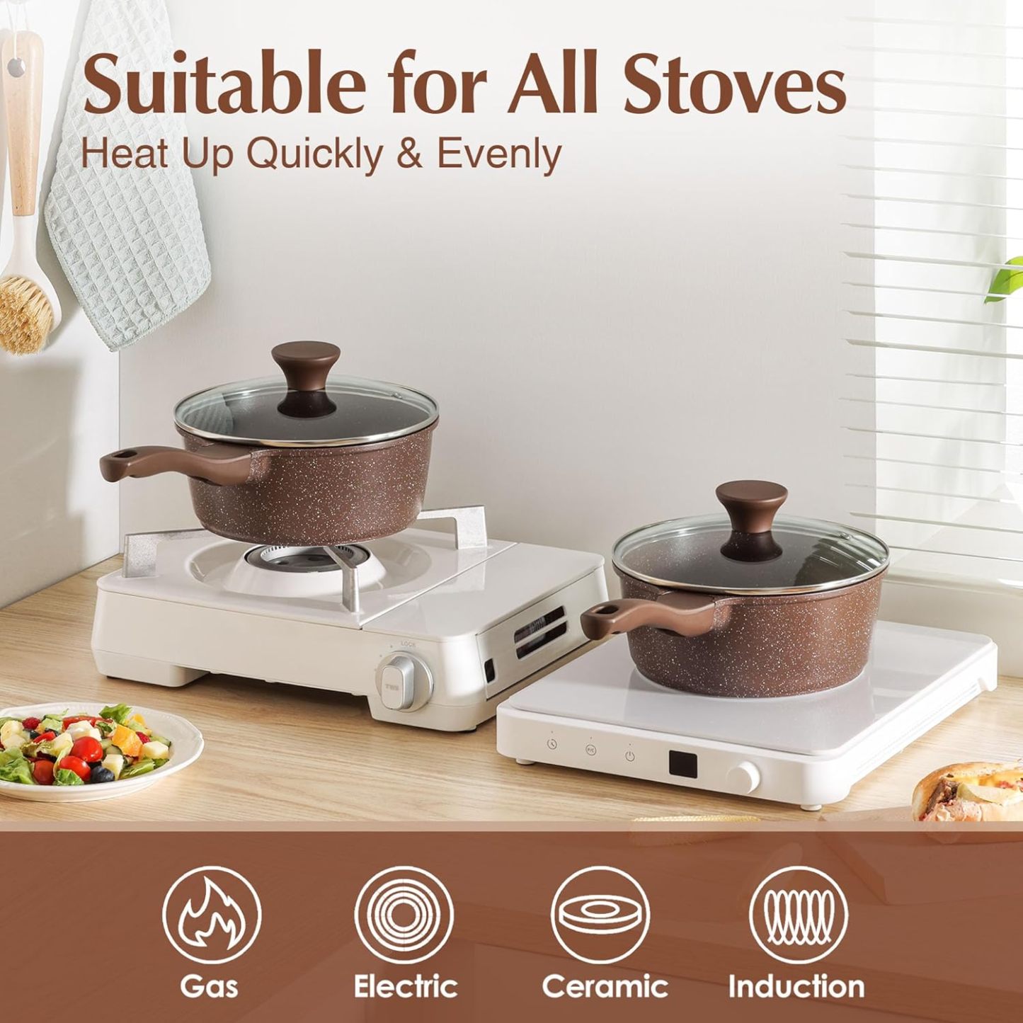 Saucepan Nonstick with Lid 2.0 Quarts Granite Coating Sauce Pot Small Kitchen Cooking Pot, Induction Comptable, PFOA Free