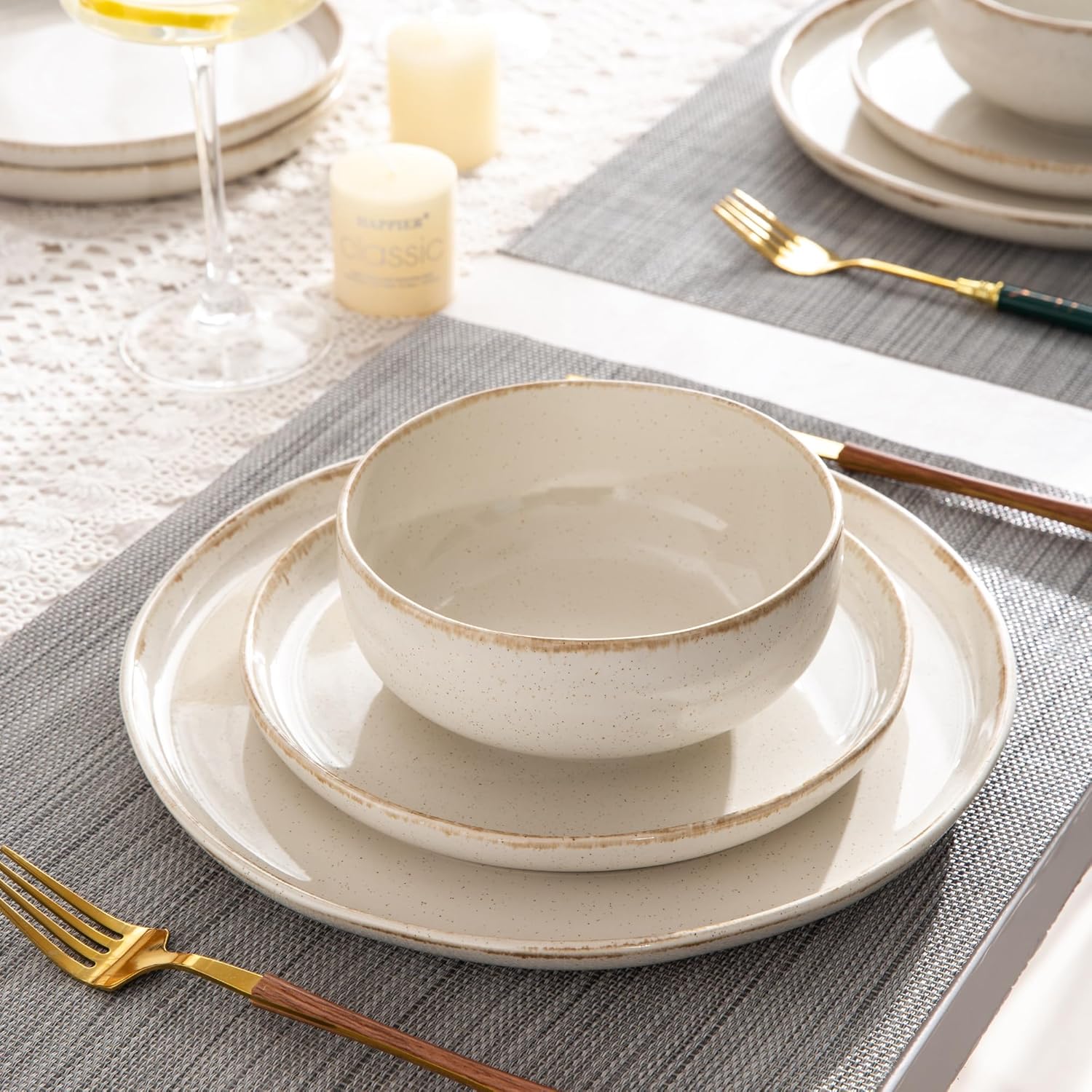 Ceramic Dinnerware Sets, Wavy Rim Stoneware Plates and Bowls Sets, Highly Chip and Crack Resistant | Dishwasher & Microwave Dishes set, Service for 6 (18pc)-Speckled Cappuccino