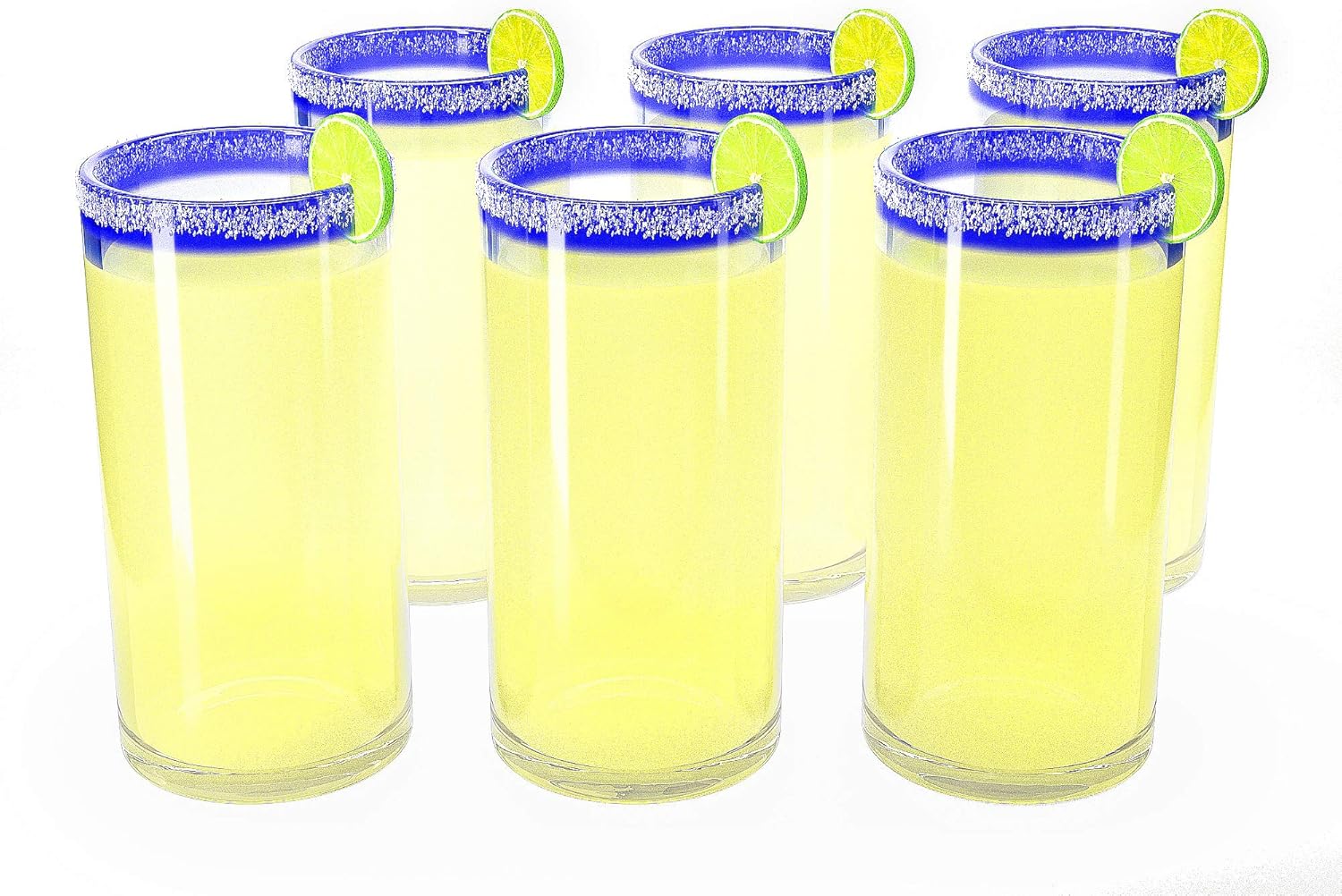 Hand Blown Blue Mexican Drinking Glasses and Pitcher - Set of 6 with Blue Rim Design (14 oz each) and Pitcher (84 Ounces)