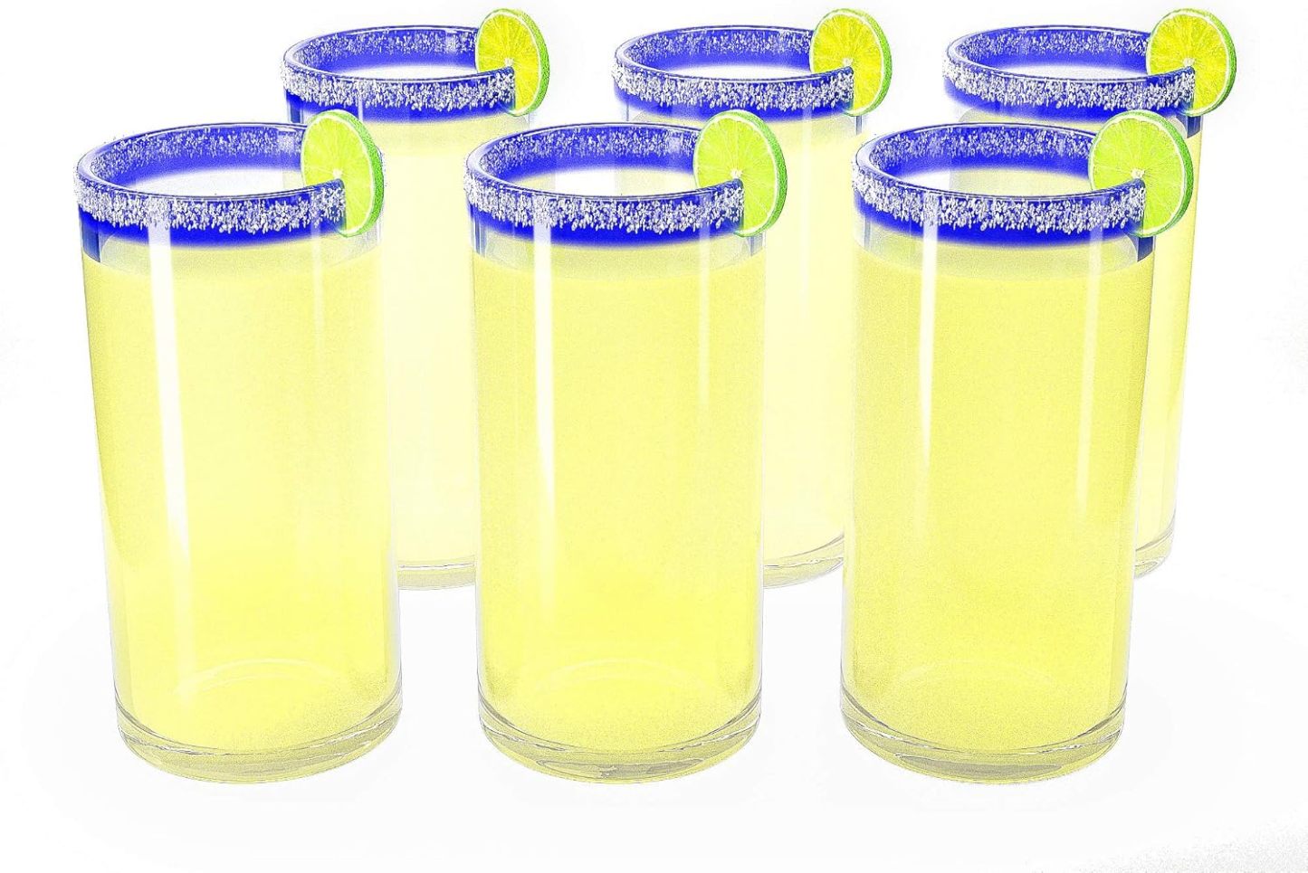 Hand Blown Blue Mexican Drinking Glasses and Pitcher - Set of 6 with Blue Rim Design (14 oz each) and Pitcher (84 Ounces)