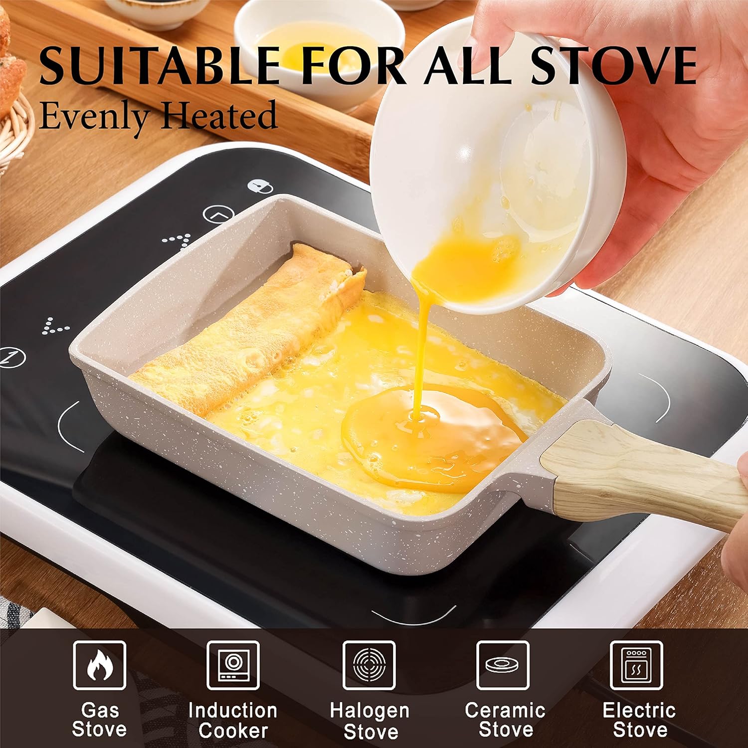 Japanese Omelette Pan, Tamagoyaki Egg Pan, Nonstick Frying Pan with Spatula, Healthy Granite Cookware, PFOS & PFOA Free, 6" x 7" (White)