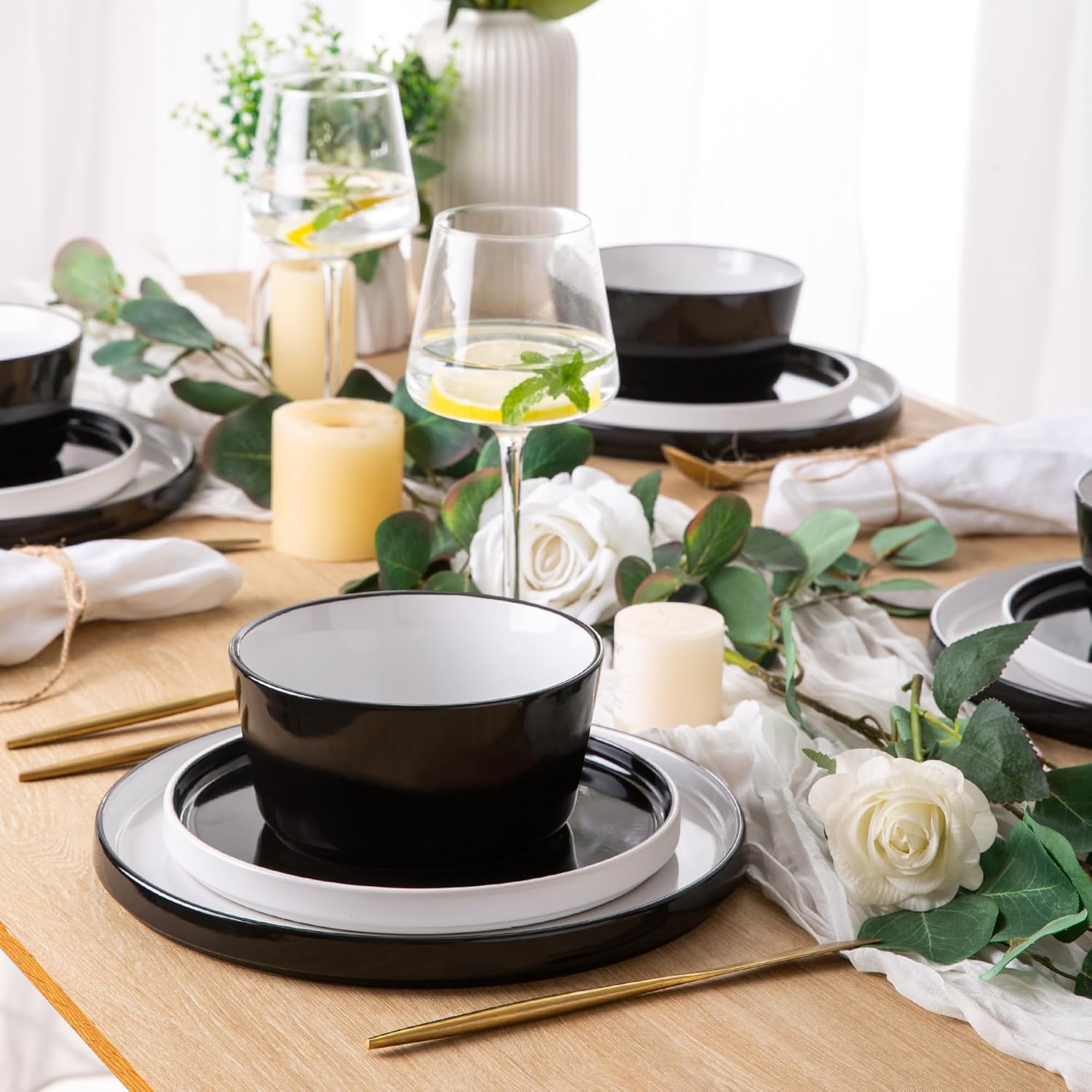 Dinnerware Sets for 4, 12 Piece Stoneware Plates and Bowls Set, Chip and Crack Resistant Plates Set, Dishwasher & Microwave Safe Ceramic Dishes Set - (Black and White, Service for 4)