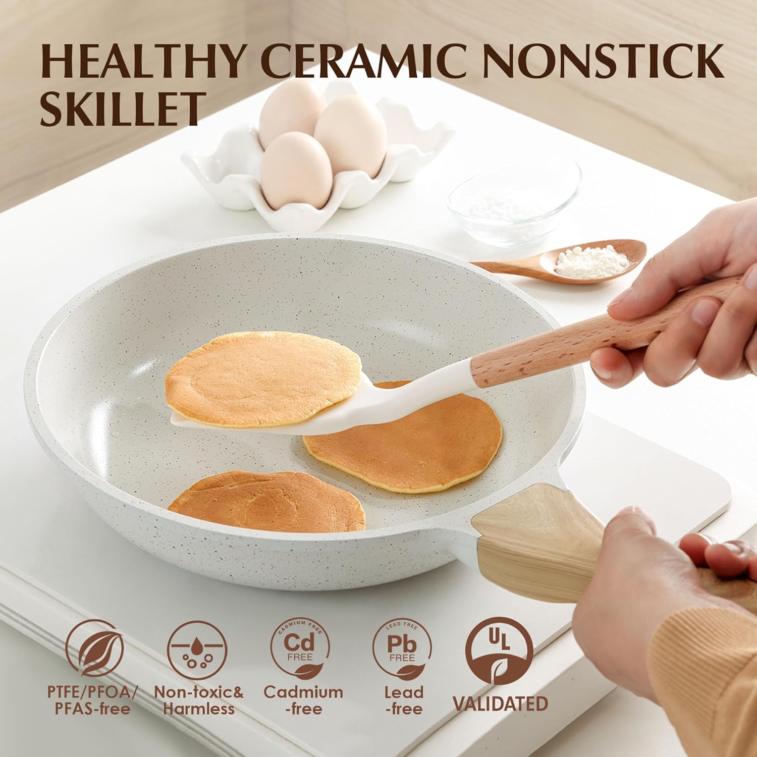 Nonstick Ceramic Frying Pan Skillet with Lid, 9.5 Inch Omelet Pan, Healthy Non Toxic Chefs Pan, Induction Compatible Egg Pan with Heat Resistant Handle, PFAS-Free