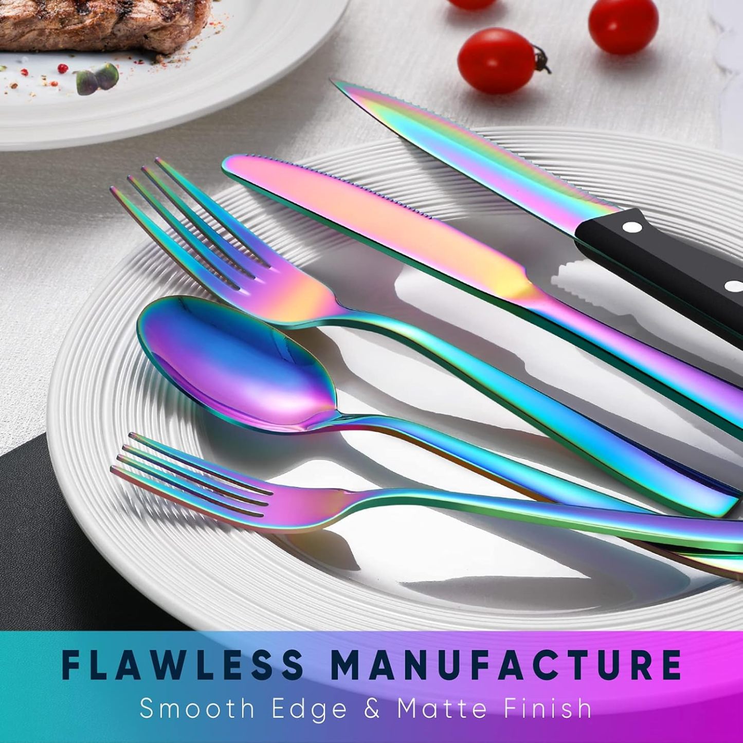 48 Pieces Rainbow Silverware Set with Steak Knives for 8, Stainless Steel Flatware Cutlery Set For Home Kitchen Restaurant, Dishwasher Safe