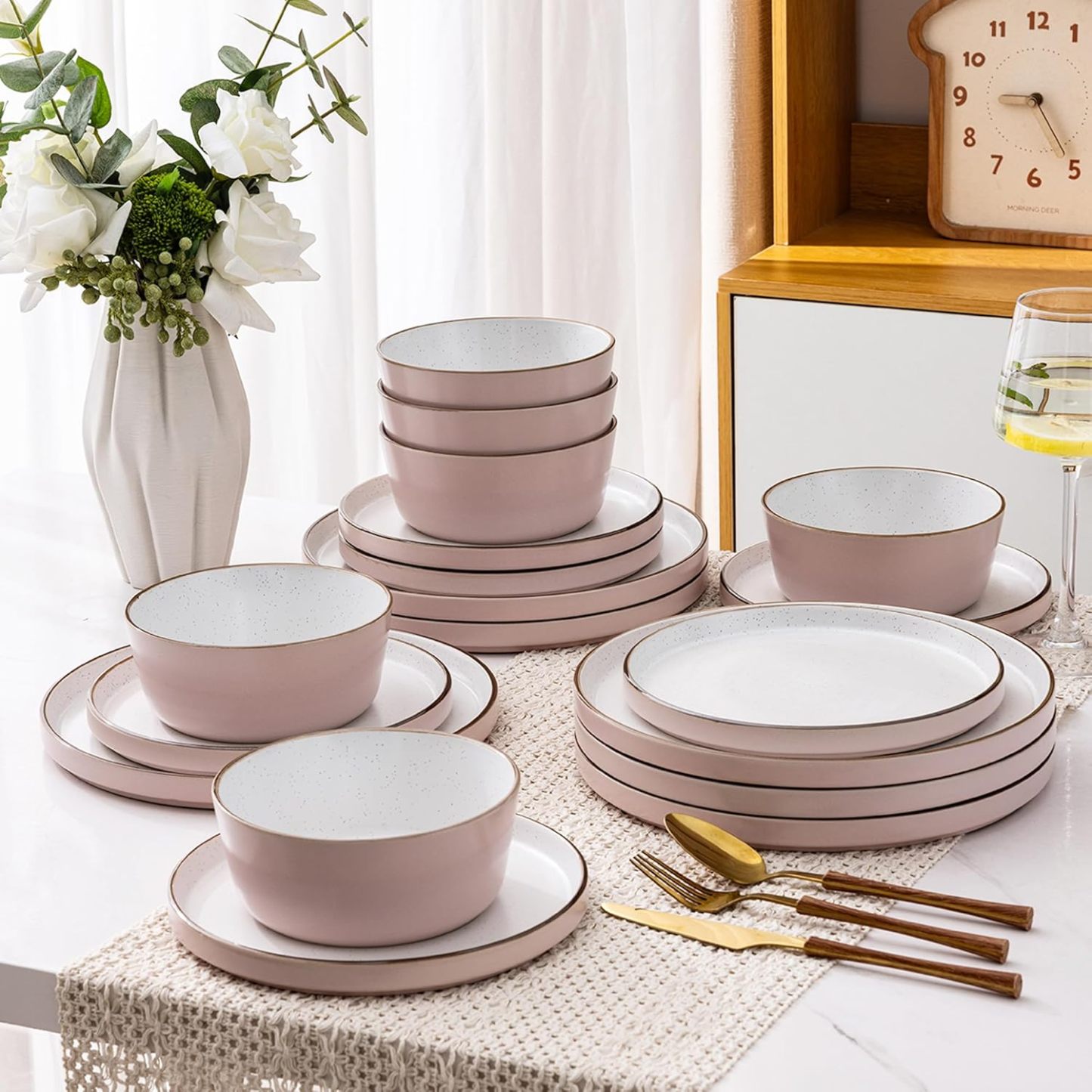 Dinnerware Set for 4, 12 Pieces Ceramic Plates and Bowls Set, Handcrafted Speckled Stoneware Plates Set, Dishwasher & Microwave Safe Dishes Set - (Pink, Service for 4)