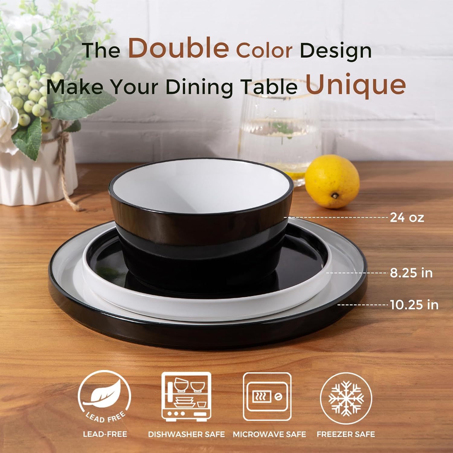 Dinnerware Sets for 6, 18 Piece Stoneware Plates and Bowls Set, Chip and Crack Resistant Plates Set, Dishwasher & Microwave Safe Ceramic Dishes Set - (Black and White, Service for 6)