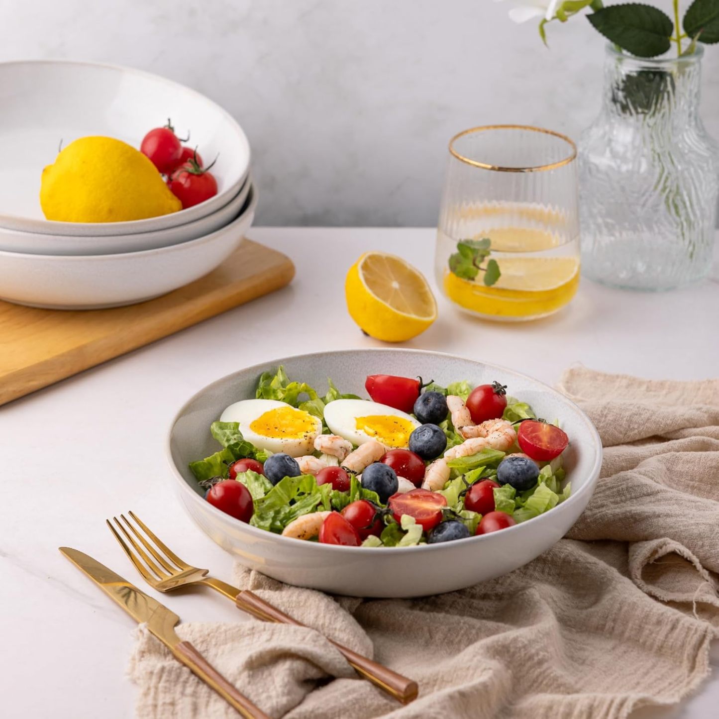 8.5'' Large Ceramic Pasta Bowls, 36oz Stoneware Pasta Serving Bowls Set of 6 for Kitchen, Wide Bowls for Pasta,Salad,Oatmeal, Microwave Safe, Reactive-Color