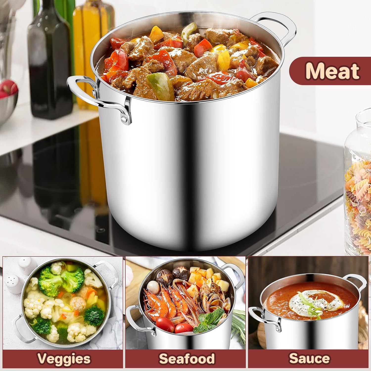 12 Quart Stock Pot, Stainless Steel Tri-ply Stockpot Large Pasta Soup Cooking Pot with Clear Lid, for Induction Gas Electric Ceramic, Healthy & Heavy Duty, Solid Handles & Dishwasher Safe