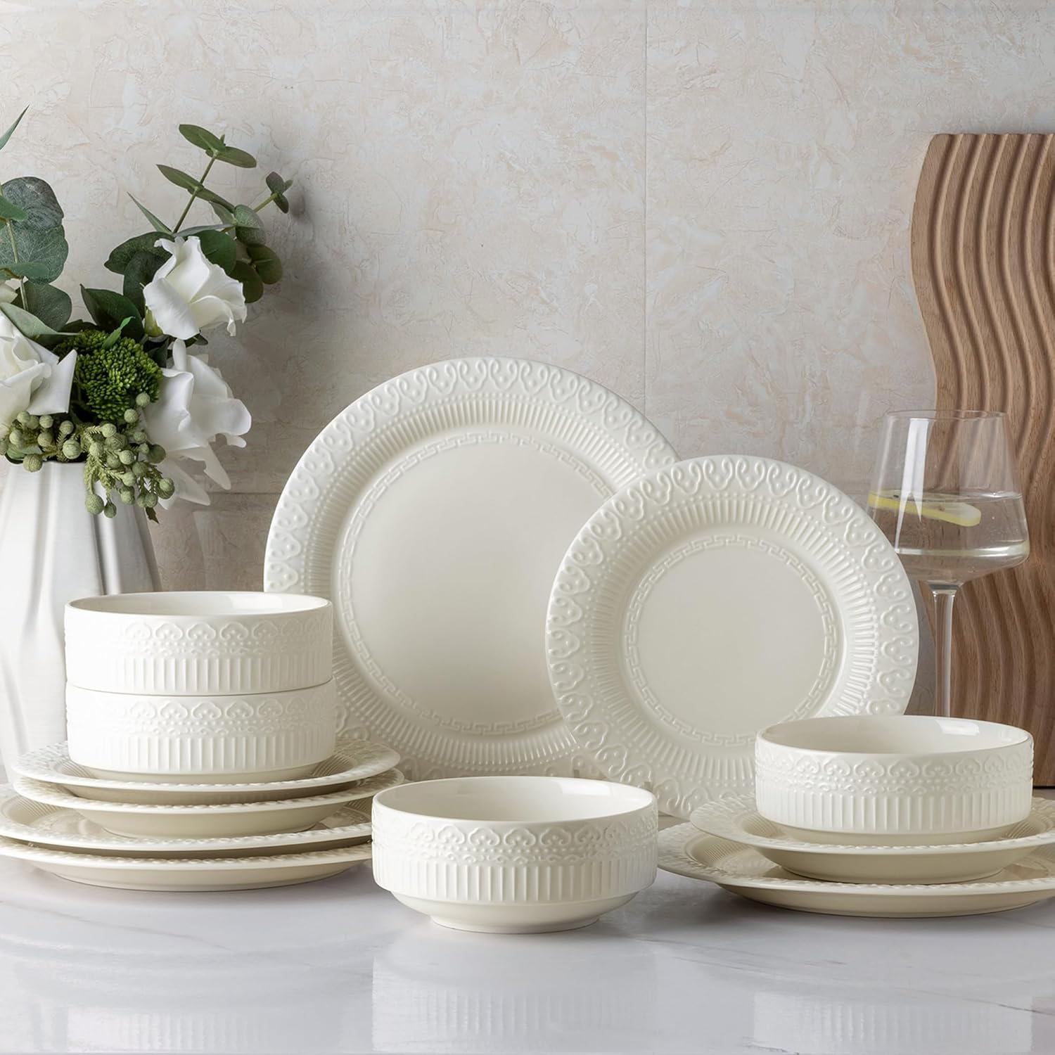 Ceramic Dinnerware Sets for 4, 12 Pieces Plates and Bowls Set with Embossed Royal Pattern, Scratch Resistant Stoneware Dish Sets for Dinner, Oven,Dishwasher & Microwave Safe