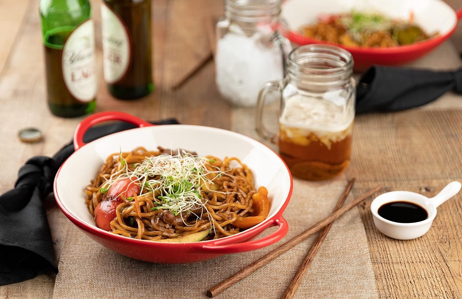 Stir Fry Bowl, Wok Dish, Classic Thai, Ceramic Mini Wok, Stoneware Serving Bowls, For Soups and Pastas, Oven, Dishwasher and Microwave Safe, Cherry Red, 40 oz, Set of 2