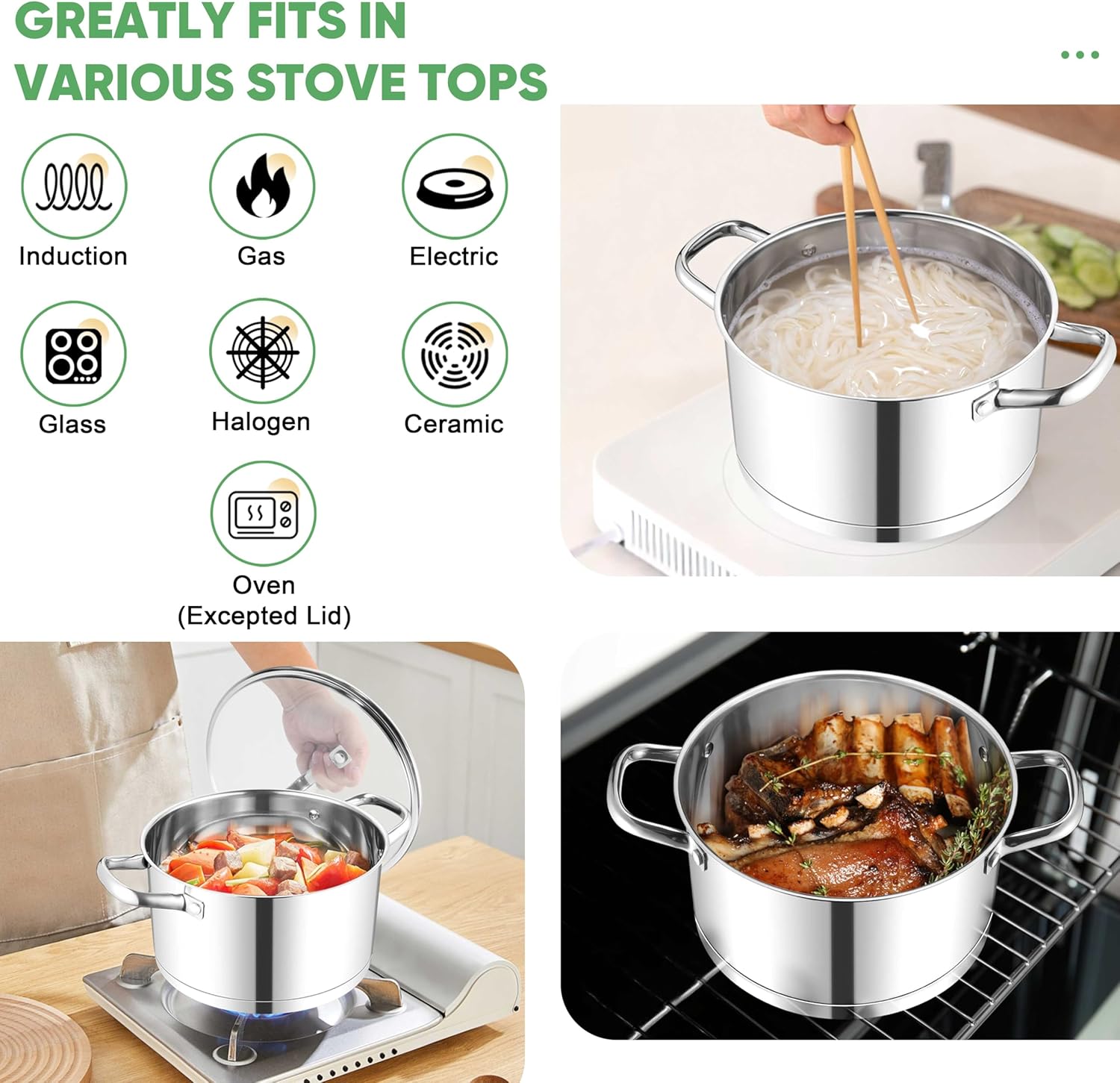 Tri-ply Base Stockpot Cooking Pasta Pot with Lid, for Induction Gas Glass Electric, Healthy & Heavy Duty, Ergonomic Handles & Straight Side, Dishwasher Safe