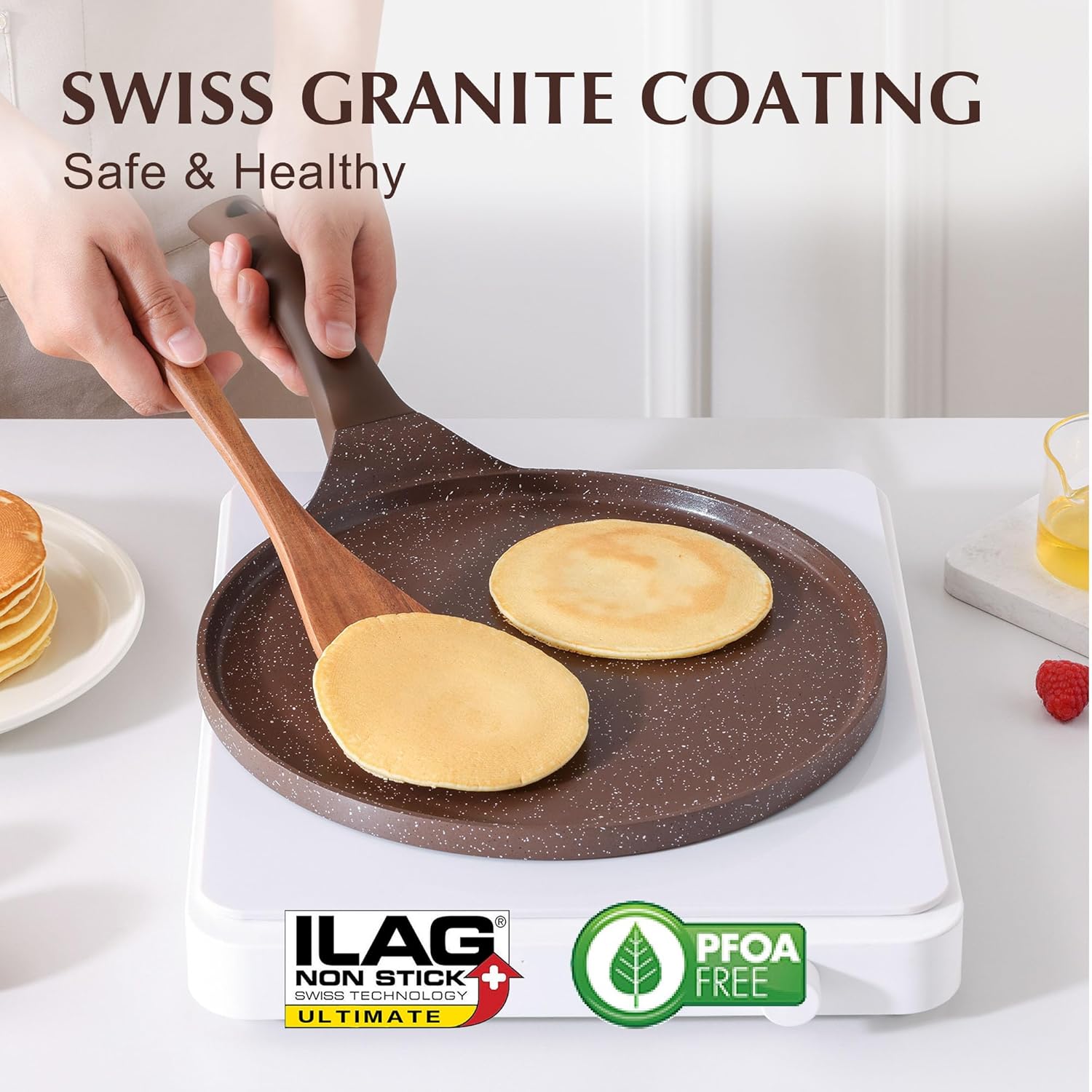 Nonstick Crepe Pan, Swiss Granite Coating Dosa Pan Pancake Flat Skillet Tawa Griddle 10-Inch with Stay-Cool Handle, Induction Compatible, PFOA Free (Toffee Brown)