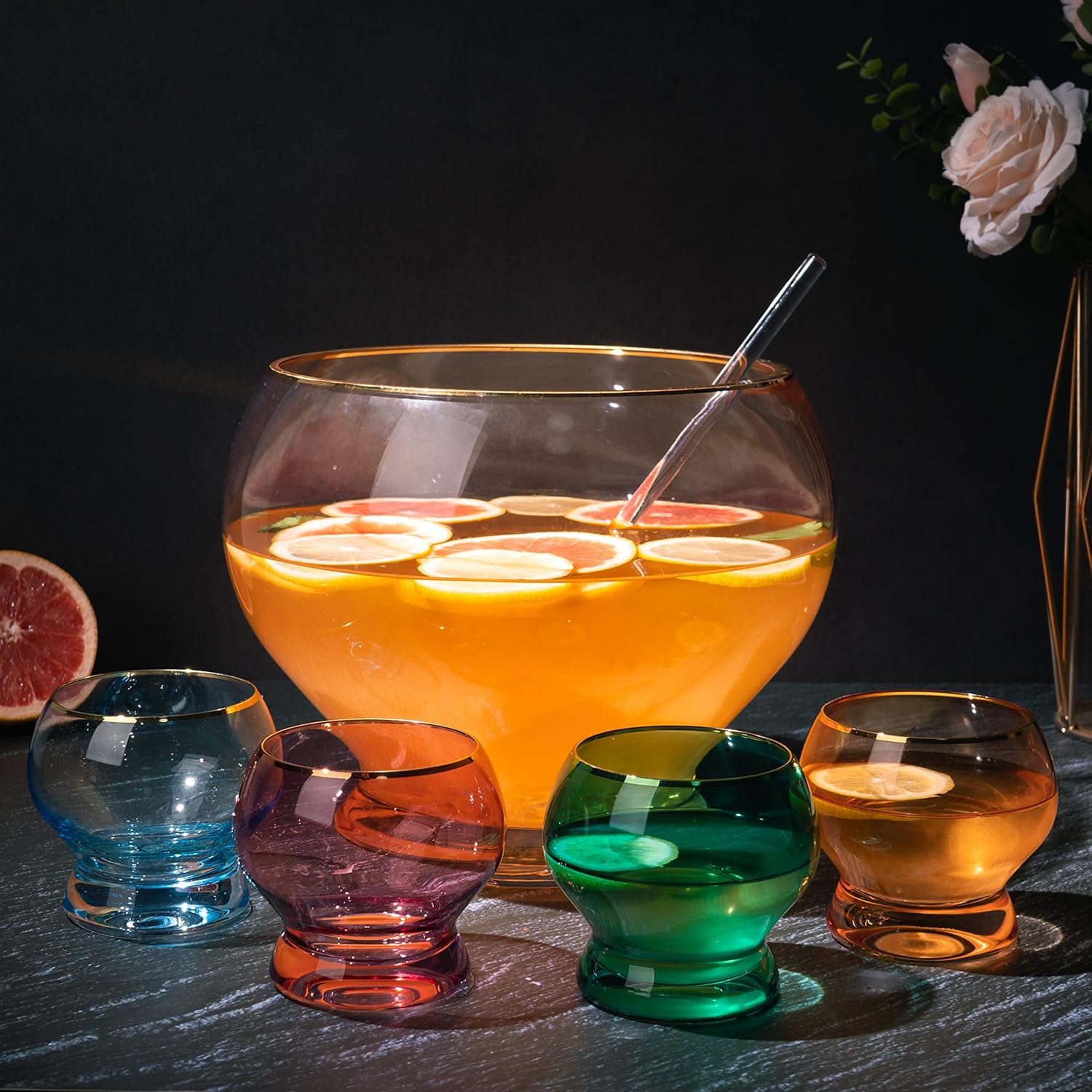 Colorful 1.7 Gallon Punch Bowl with 4 10oz Glasses Set with Ladle Gift