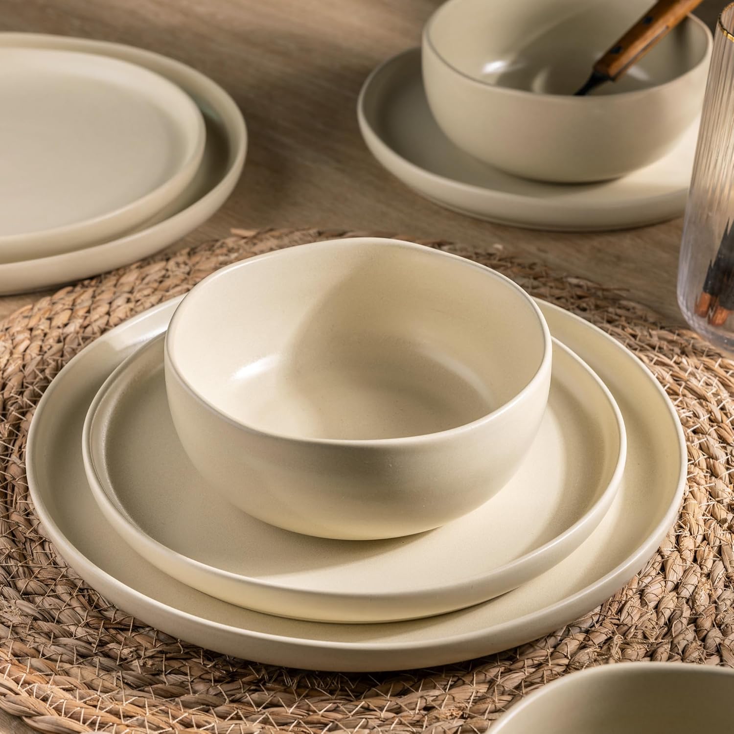 Stoneware Dinnerware Sets, Wavy Rim Ceramic Plates and Bowls Sets, Highly Chip and Crack Resistant | Dishwasher & Microwave & Oven Safe Dishes set, Service for 4 (12pc)