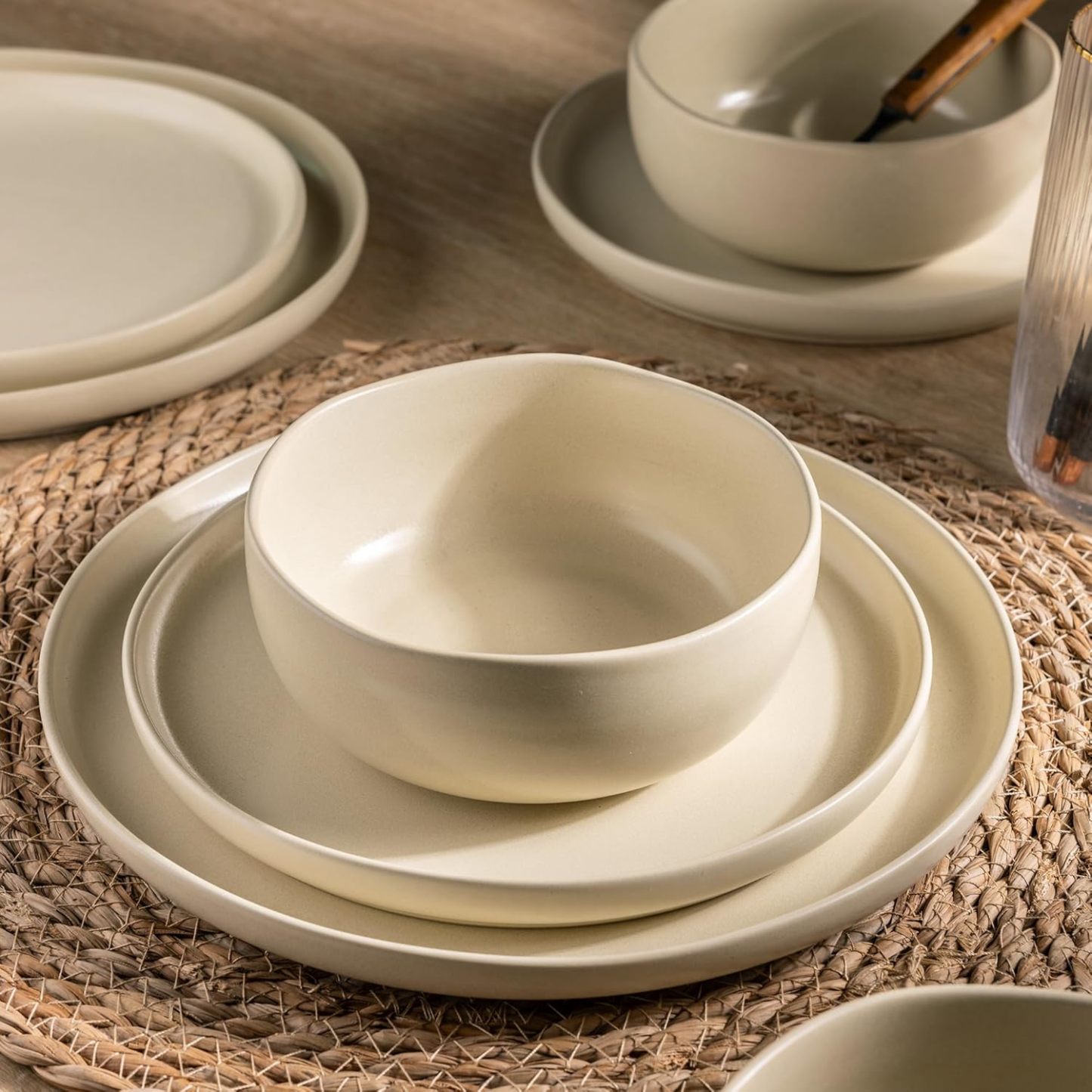 Stoneware Dinnerware Sets, Wavy Rim Ceramic Plates and Bowls Sets, Highly Chip and Crack Resistant | Dishwasher & Microwave & Oven Safe Dishes set, Service for 4 (12pc)