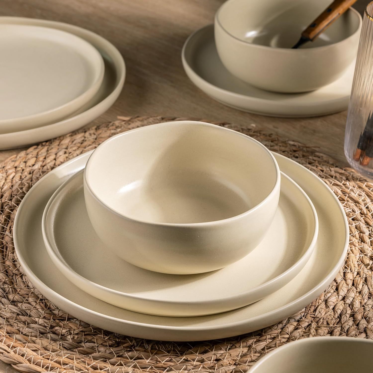 Stoneware Dinnerware Sets, Wavy Rim Ceramic Plates and Bowls Sets, Highly Chip and Crack Resistant | Dishwasher & Microwave & Oven Safe Dishes set, Service for 4 (12pc)
