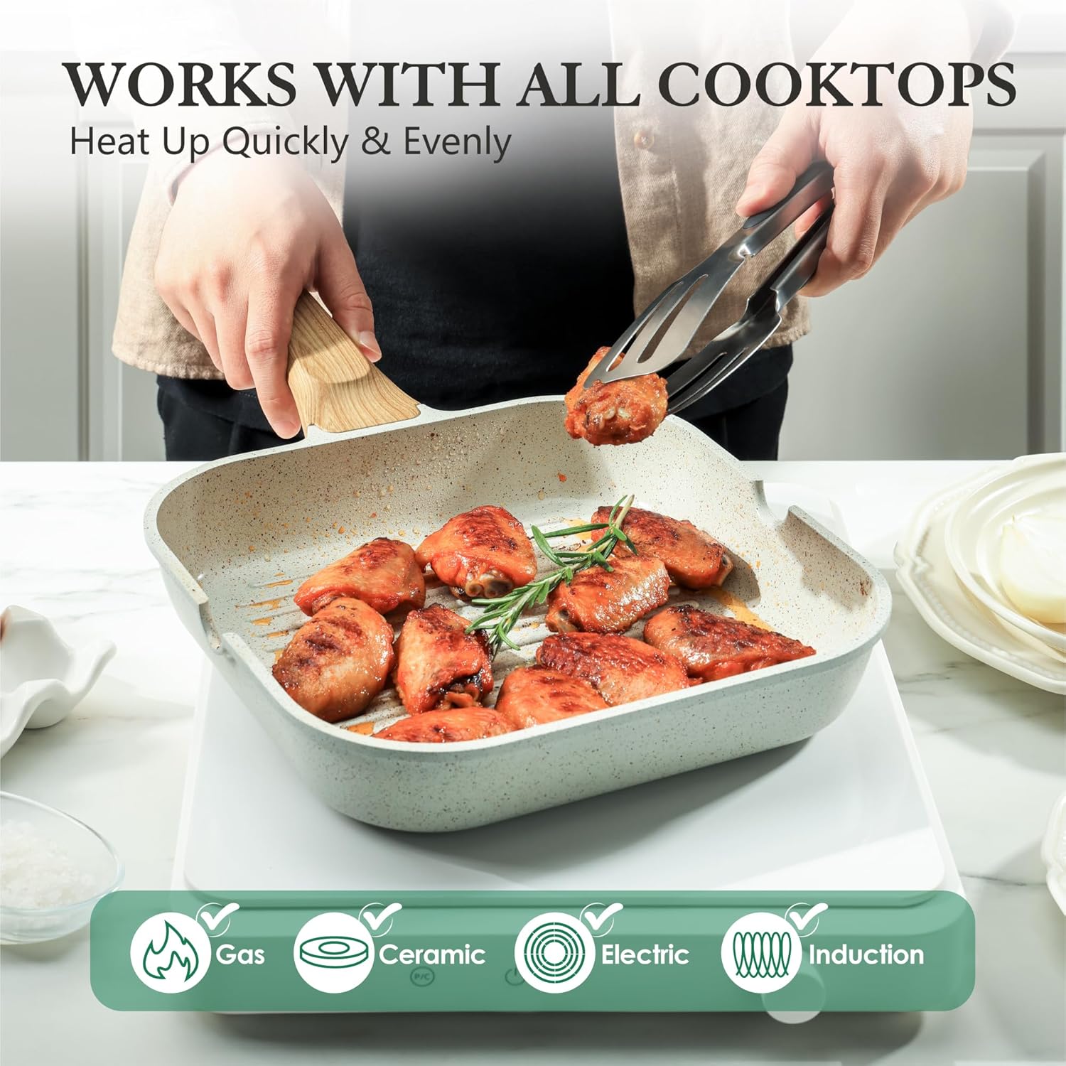 12Inch Nonstick Ceramic Grill Pan for Stove Tops, Square Grilling Pan with Pour Spouts, Non Toxic Durable Grill Skillet for All Stoves(Gas,Electric,Induction) PTFE,PFAS,PFOA Free, (White)