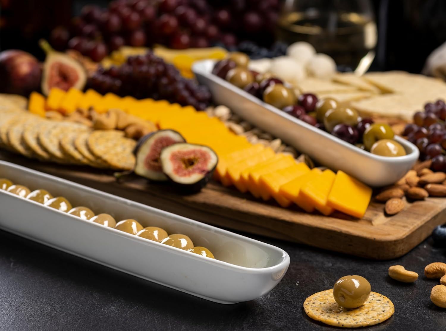 Olive Boat Tray, Set of 2, Charcuterie Tray, Grazing Table Supplies, Charcuterie Board Accessories, Ceramic Serving Dish, Narrow Canoe, Cheeses and Appetizers, Dishwasher Safe, 12”, White