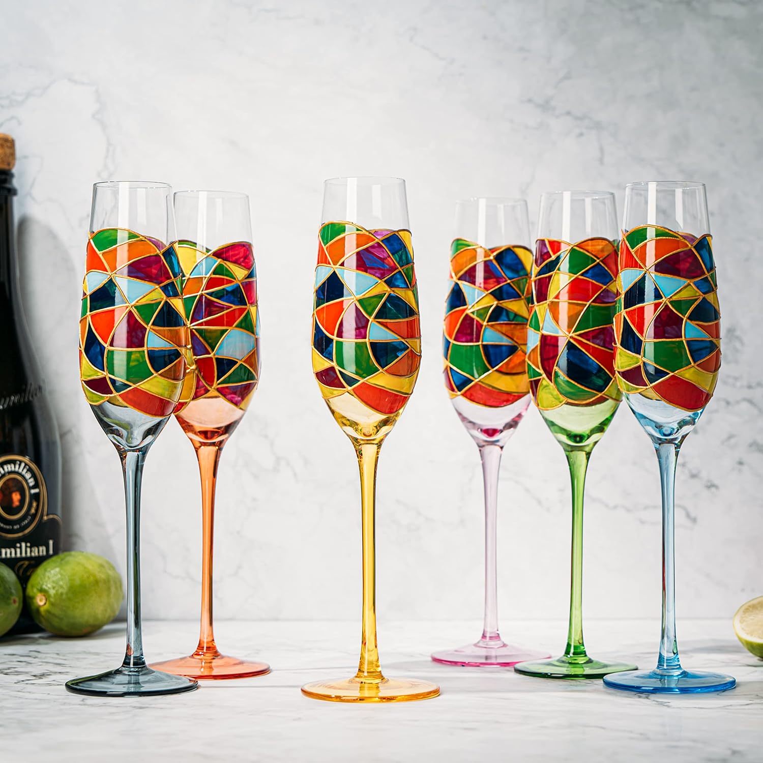 Hand Blown 7 Ounce Colorful Renaissance Champagne Glasses - 10.2" Tall, 2.7" Diameter