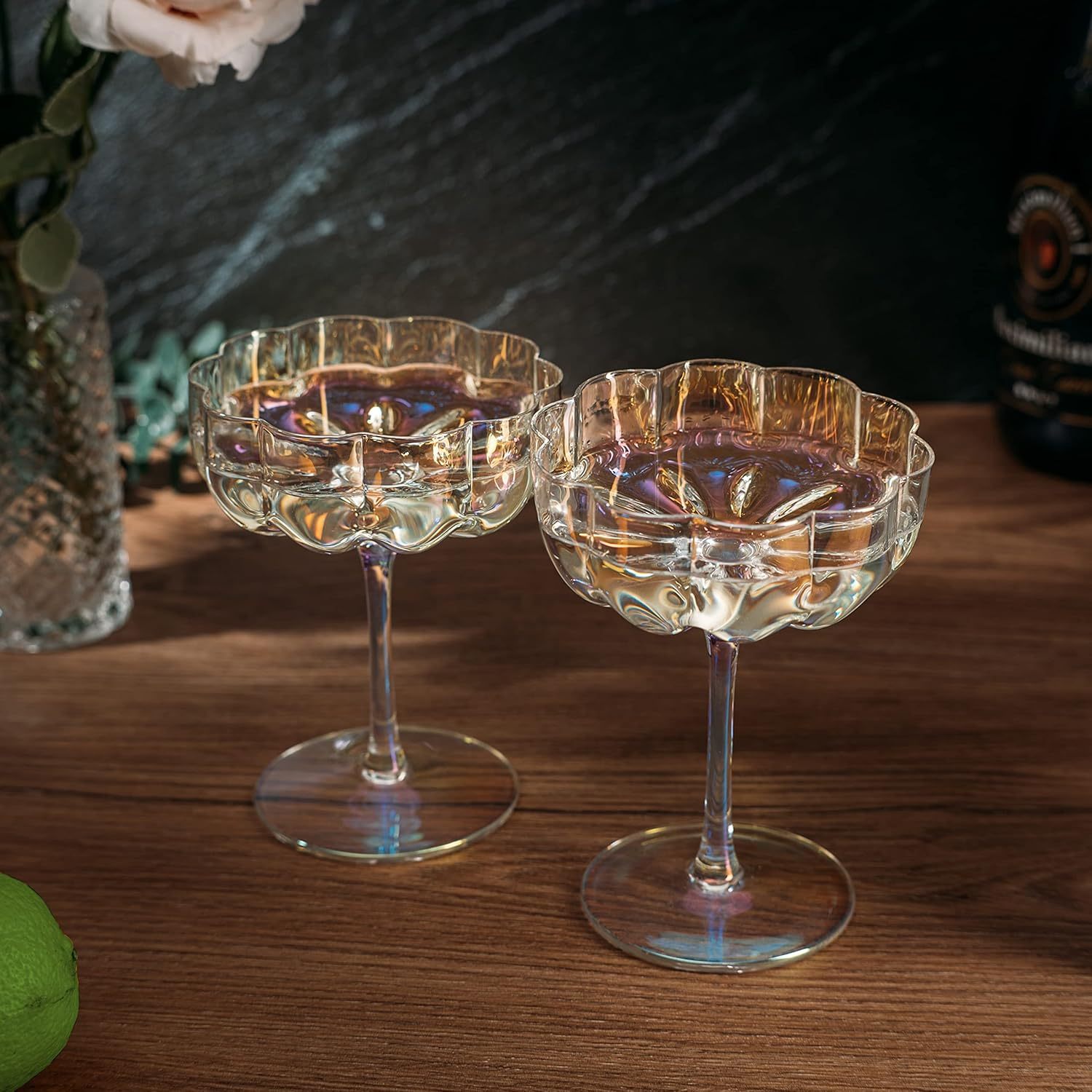 Champagne & Cocktail Coupes - Set of 2 - 7oz Colorful Cocktail Glasses & Champagne, Prosecco, Mimosa Glassware
