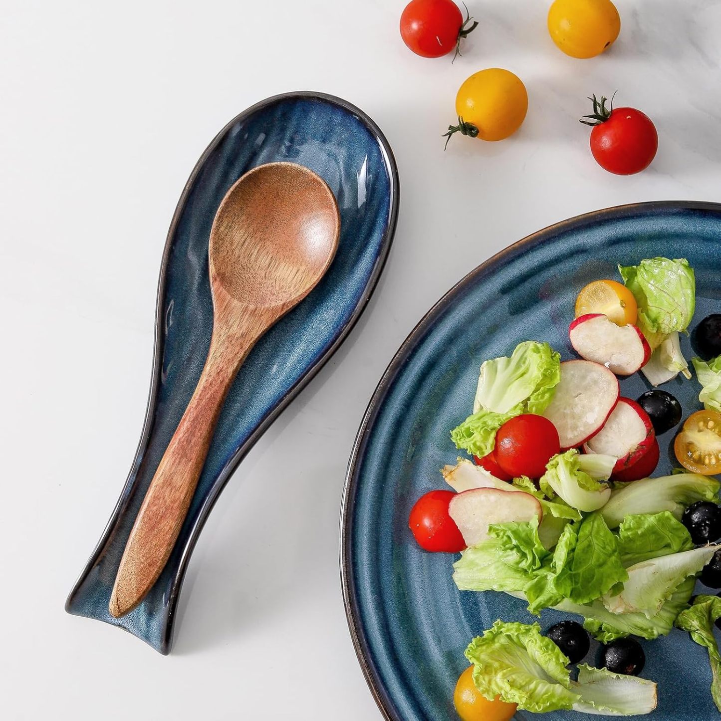 Butter Dish with Lid and Ceramic Spoon Rest Set for Countertop, 2 Pieces Navy Reactive Glaze Dinnerware Accessories Set Perfect for Home Decor