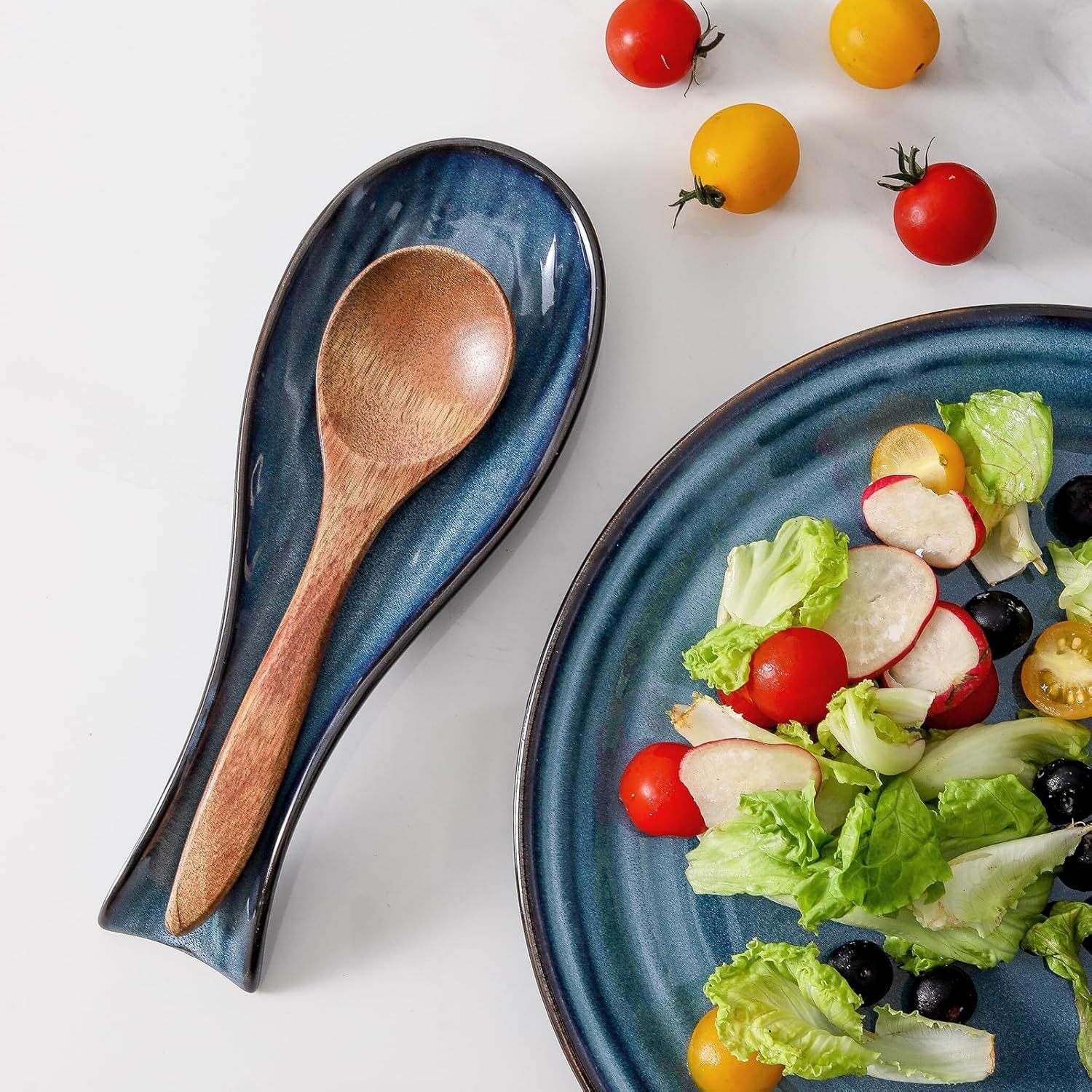 Butter Dish with Lid and Ceramic Spoon Rest Set for Countertop, 2 Pieces Navy Reactive Glaze Dinnerware Accessories Set Perfect for Home Decor