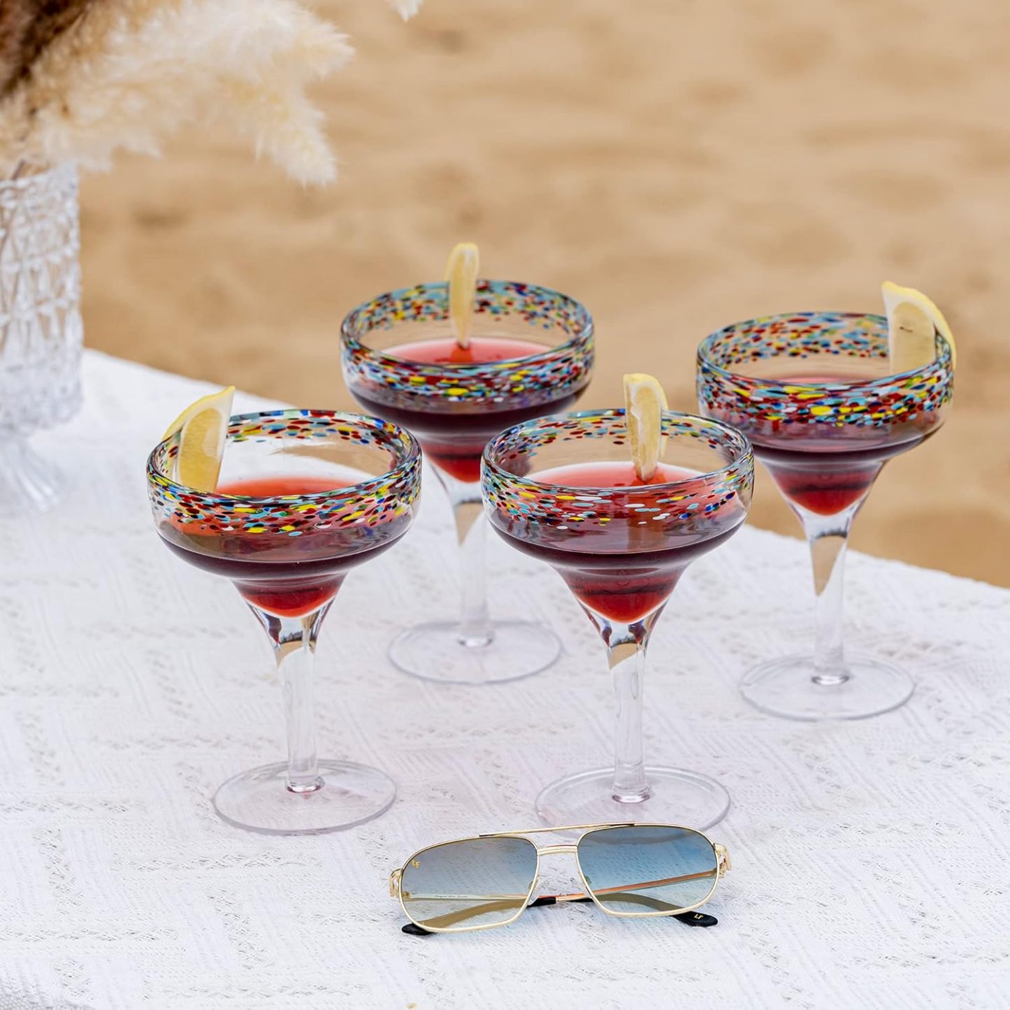 Margarita Glasses – Set of 4 - Luxury Hand Blown Confetti Margaritas, Cocktails, Water, Wine, Dessert, Martini & Champagne Cinco de Mayo