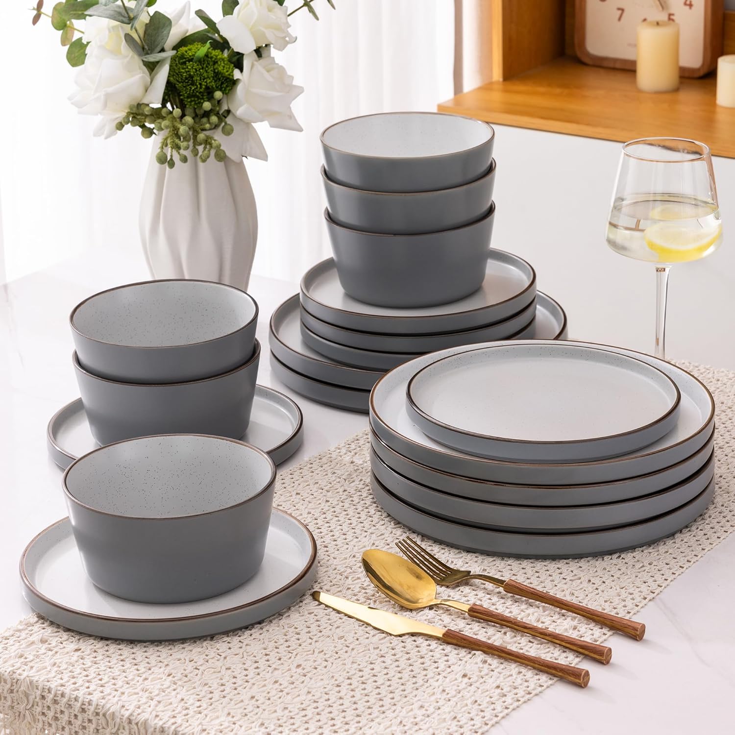 Dinnerware Set for 4, 12 Pieces Ceramic Plates and Bowls Set, Handcrafted Speckled Stoneware Plates Set, Dishwasher & Microwave Safe Dishes Set - (Grey, Service for 4)