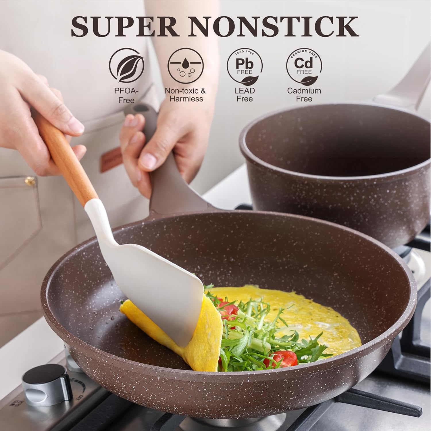 Nonstick Cookware Set 13-Piece, Healthy Pots and Pans Set Non-toxic Kitchen Cooking Set with Granite Coating, Stay-Cool Handles, Silicone Utensils and Pot Protectors, PFOA Free